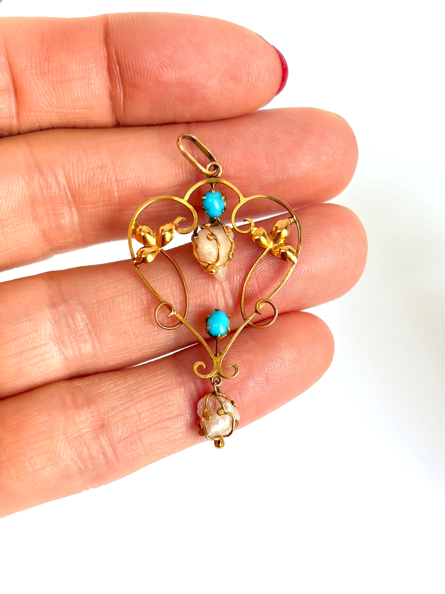 Elegant, Edwardian, 9ct Gold, Turquoise and Pearl Pendant