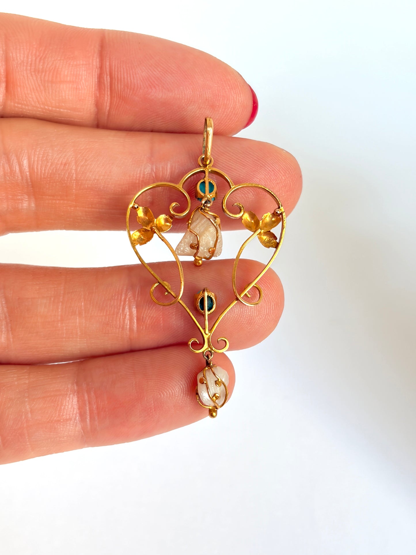 Elegant, Edwardian, 9ct Gold, Turquoise and Pearl Pendant