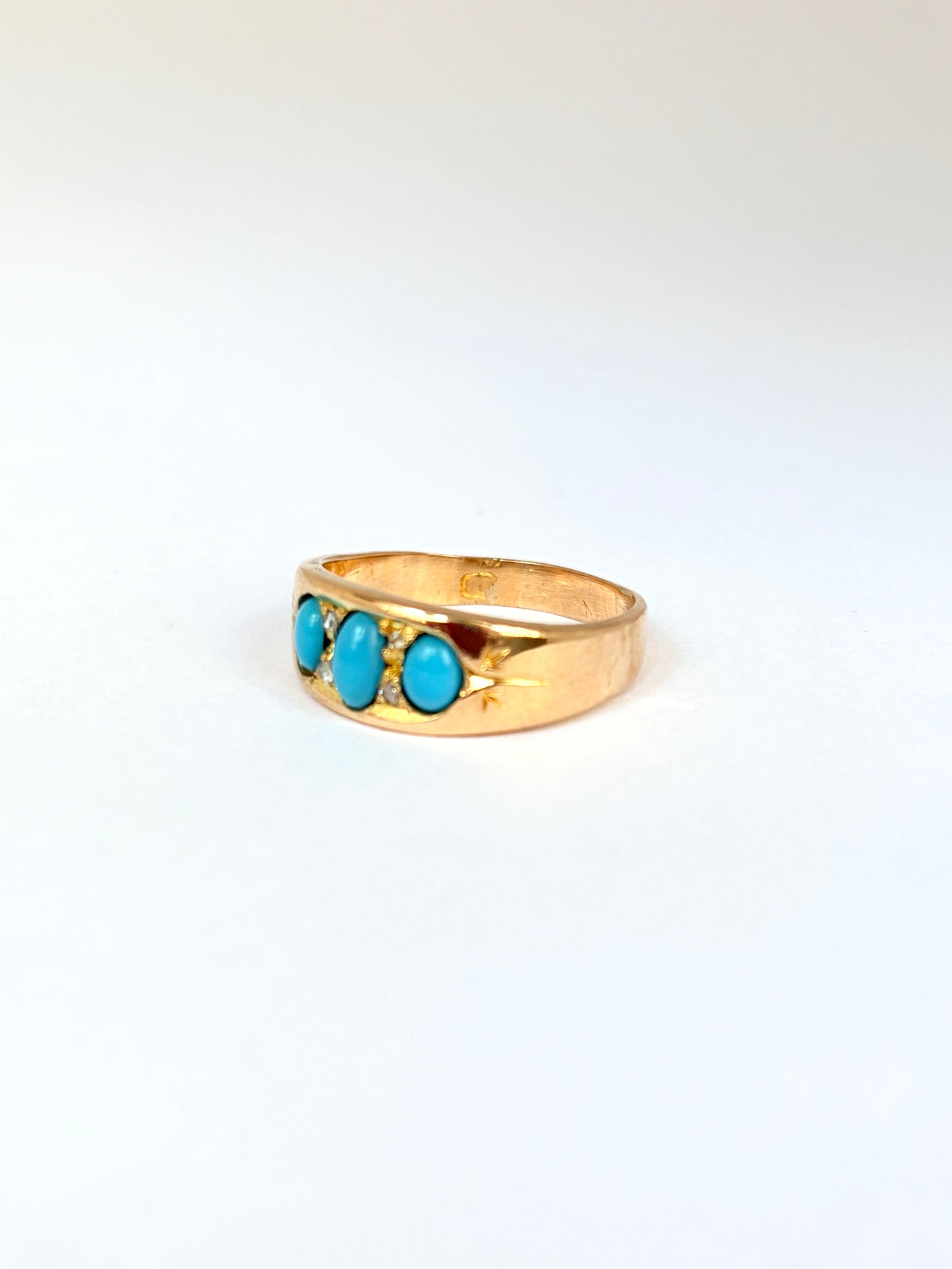 Vintage, 18ct Gold, 3 Stone Turquoise and Diamond Ring, 4.26g