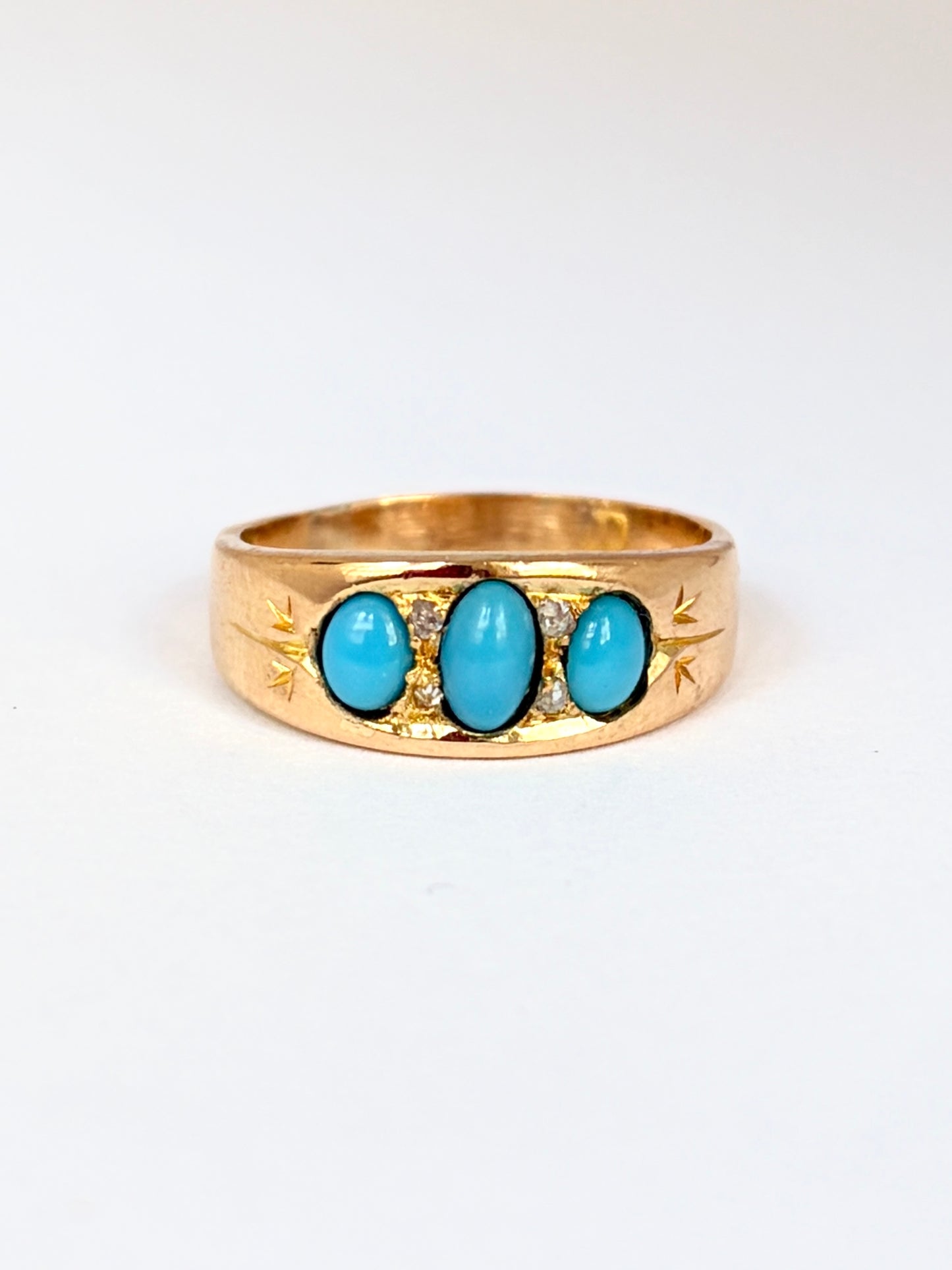 Vintage, 18ct Gold, 3 Stone Turquoise and Diamond Ring, 4.26g