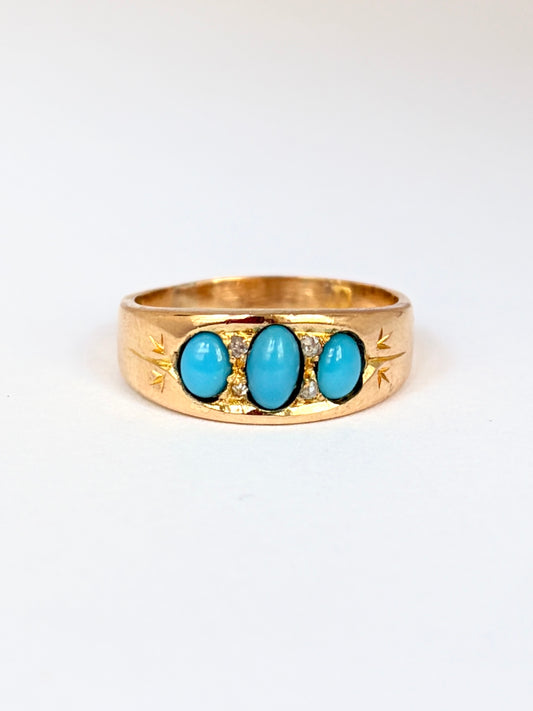 Vintage, 18ct Gold, 3 Stone Turquoise and Diamond Ring, 4.26g