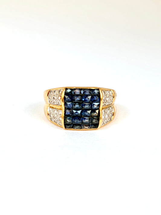 Vintage, 18ct Gold Sapphire and Diamond Double Row Ring, Hallmarked for 18ct Gold, 1978