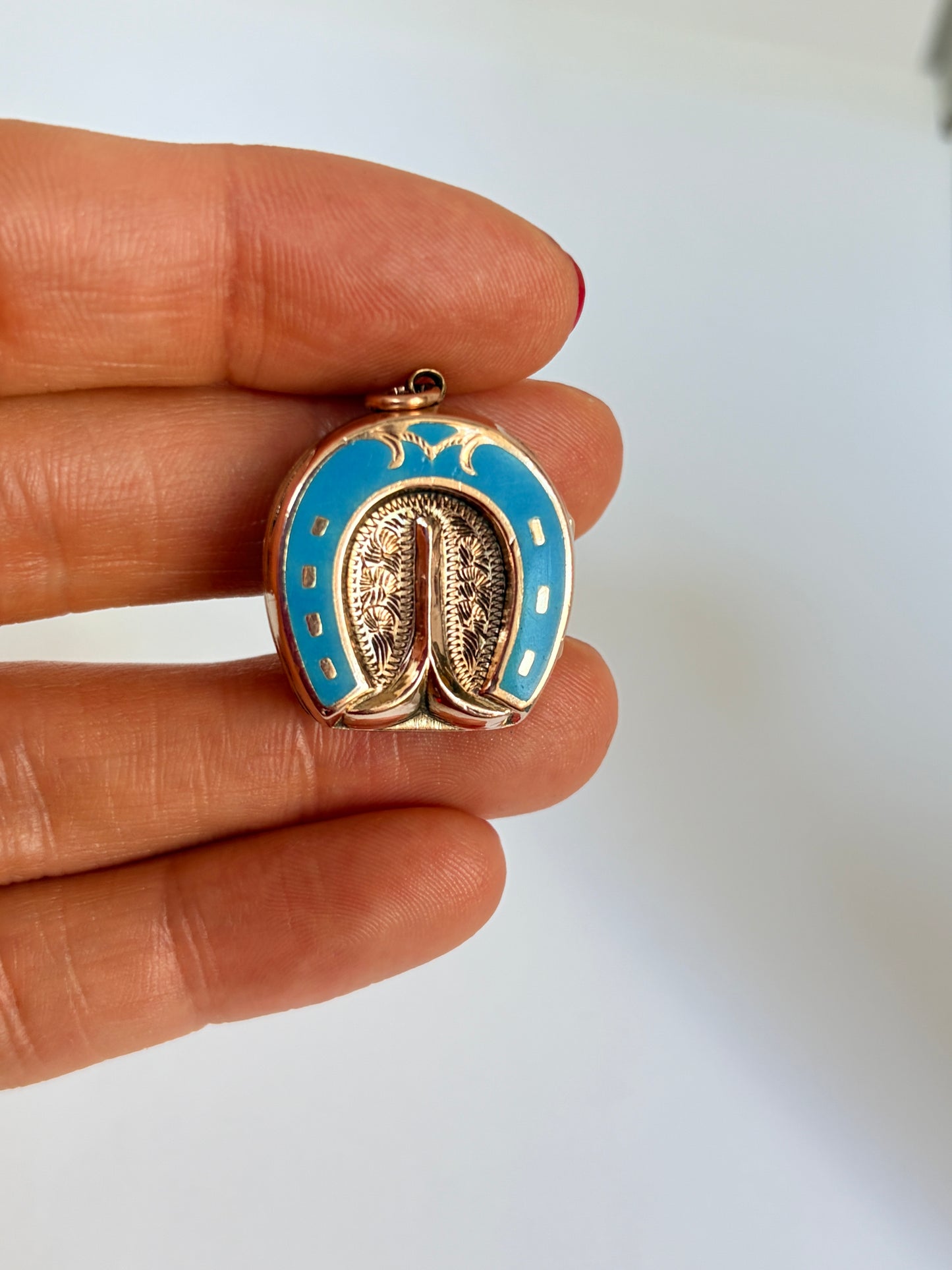 Lucky, Victorian 9ct Gold Horse Hoof Locket / Pendant with Blue Enamel