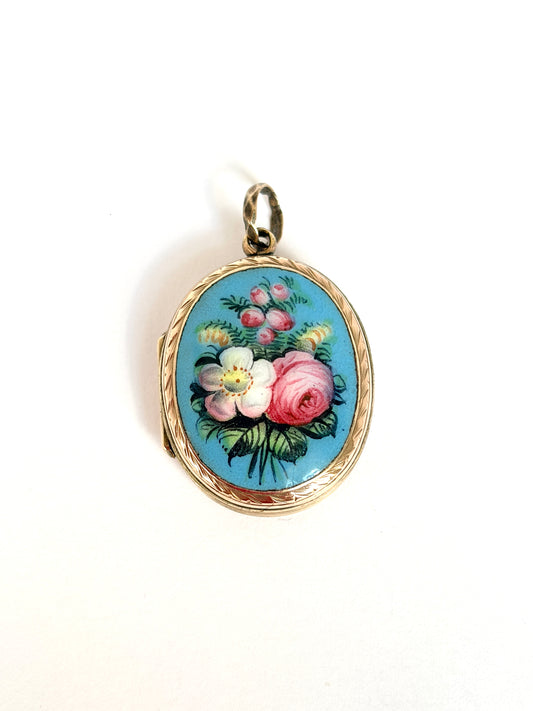 Vintage, 9ct Gold (F&B) Oval Locket with Floral Enamel decoration