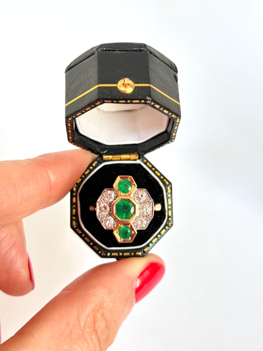 Vintage, 18ct Gold, Emerald and Diamond Extravaganza Engagement Ring