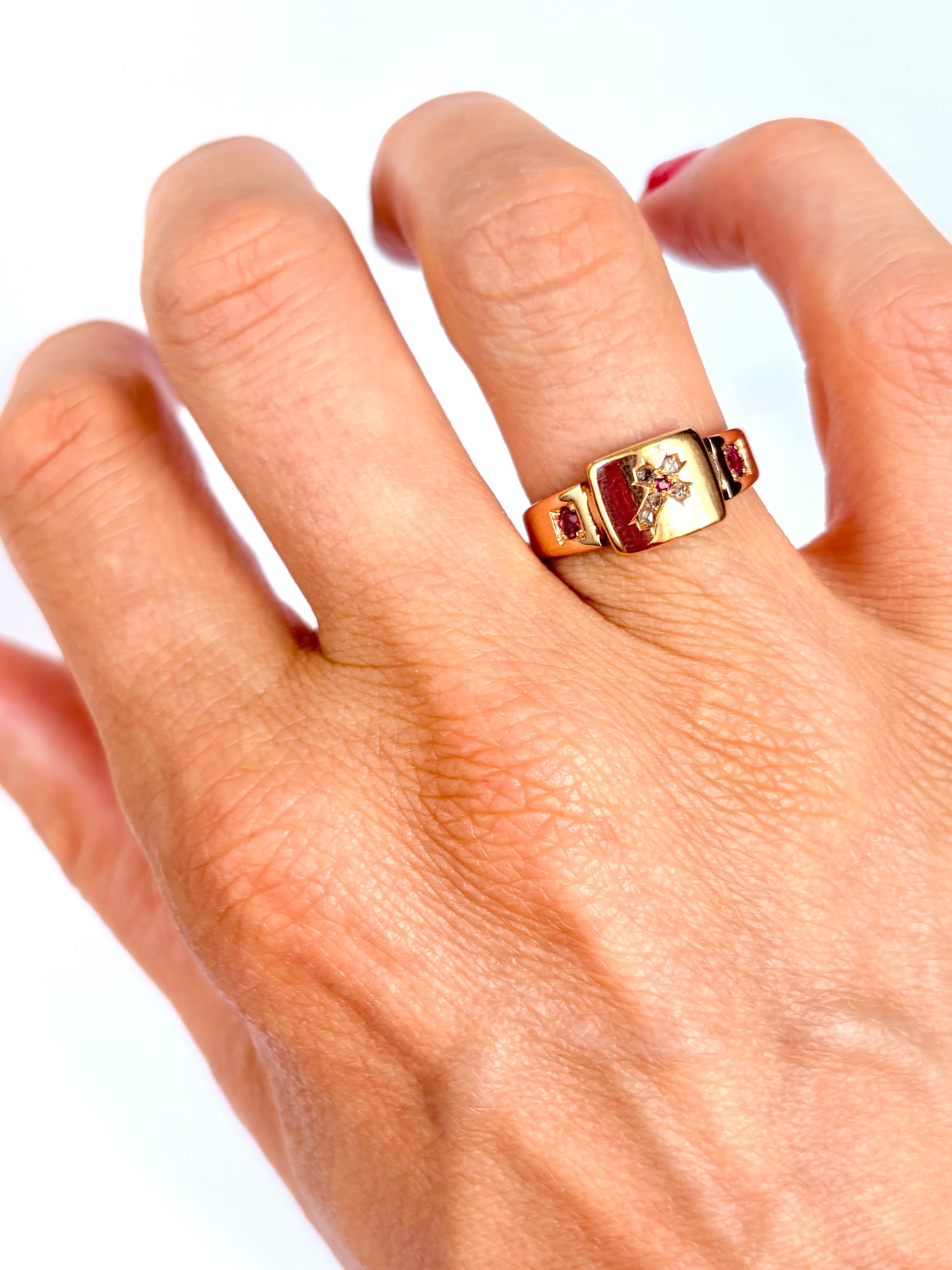 Antique, 18ct Gold Enamel, Rose Cut Diamond Cross Memorial Ring
