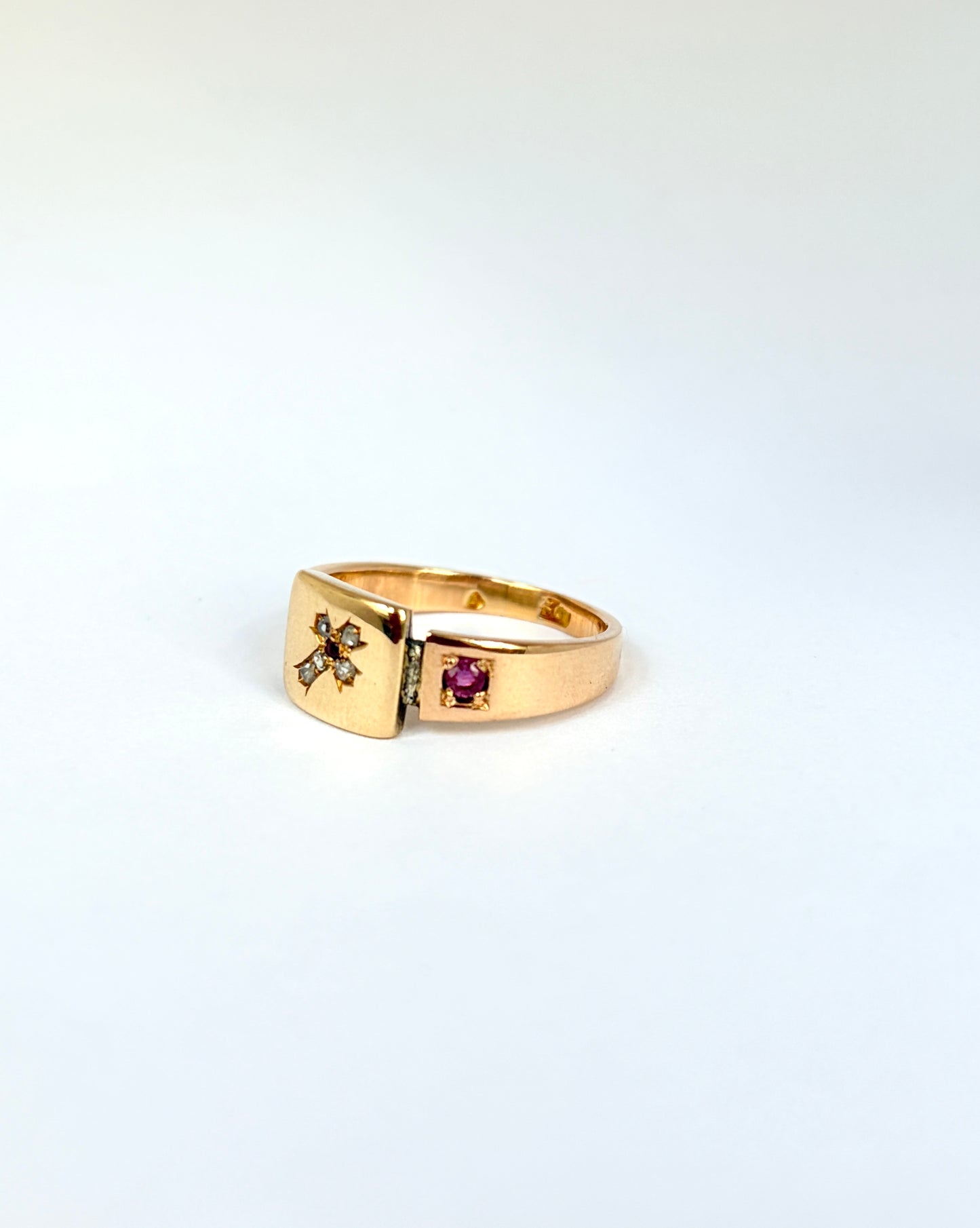 Antique, 18ct Gold Enamel, Rose Cut Diamond Cross Memorial Ring