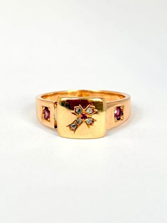Antique, 18ct Gold Enamel, Rose Cut Diamond Cross Memorial Ring