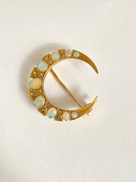 Boxed, Antique, Victorian 9ct Gold Opal and Rose Cut Diamond Crescent Moon Brooch
