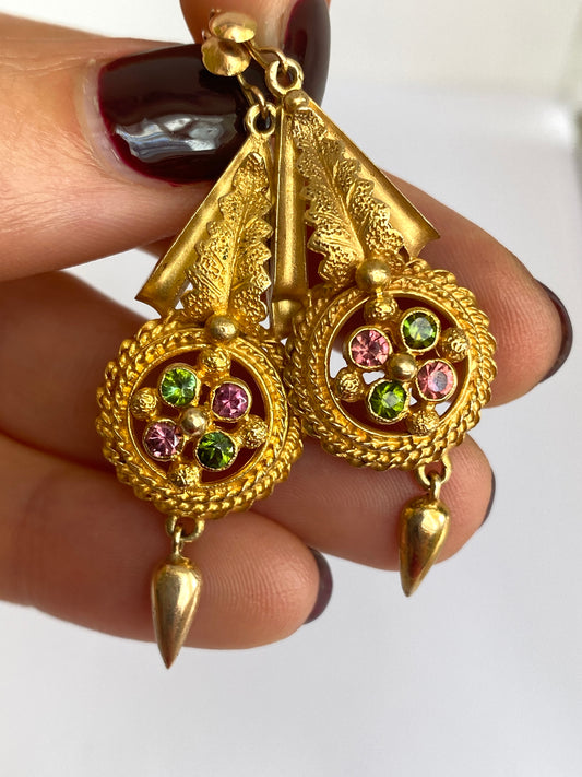 9ct Gold (with a 15ct Gilt finish), Victorian Tourmaline Hanging Earrings