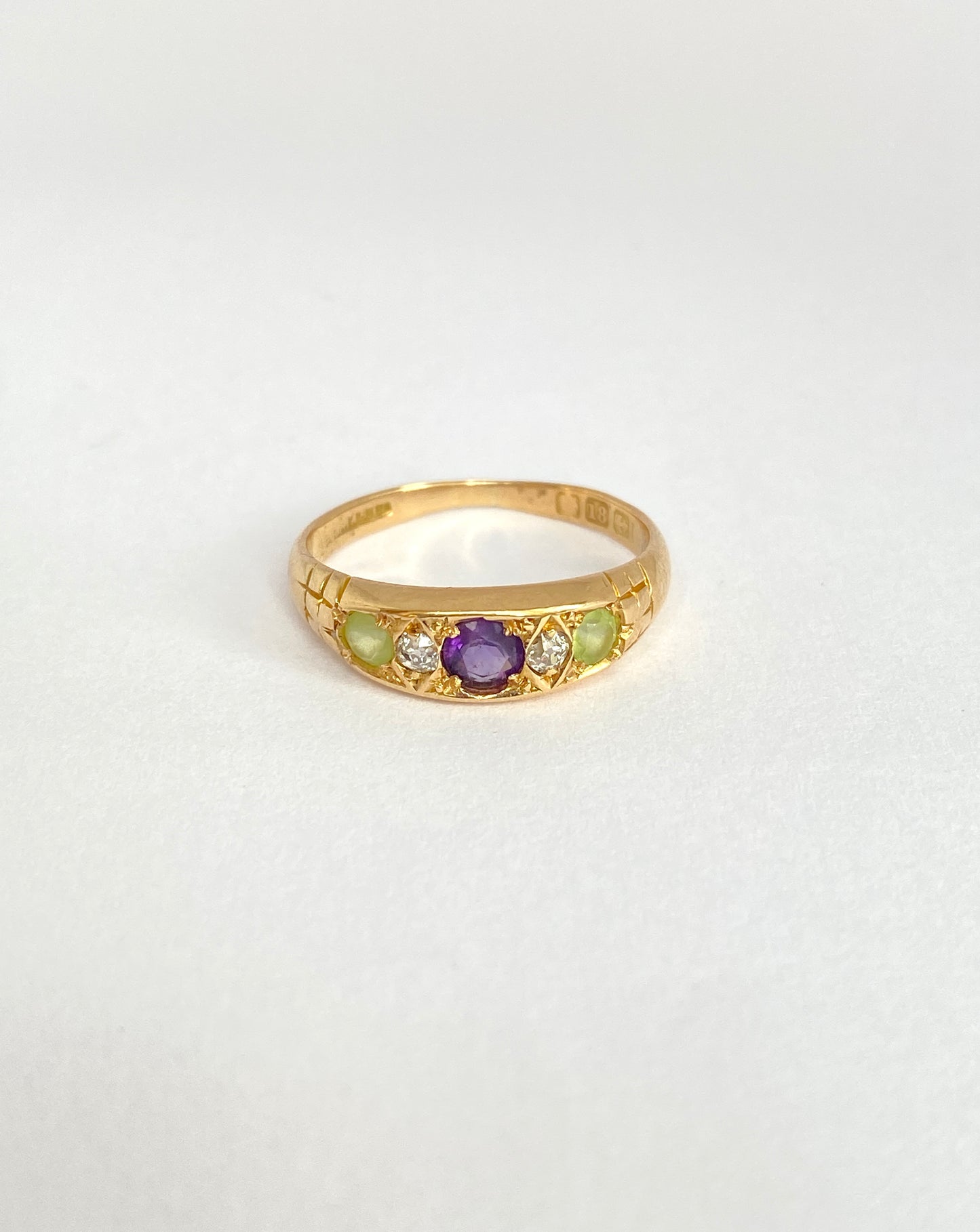 18ct Gold, Edwardian Multi Gem Ring in Suffragette Colours; Amethyst, Chalcedony and Diamond