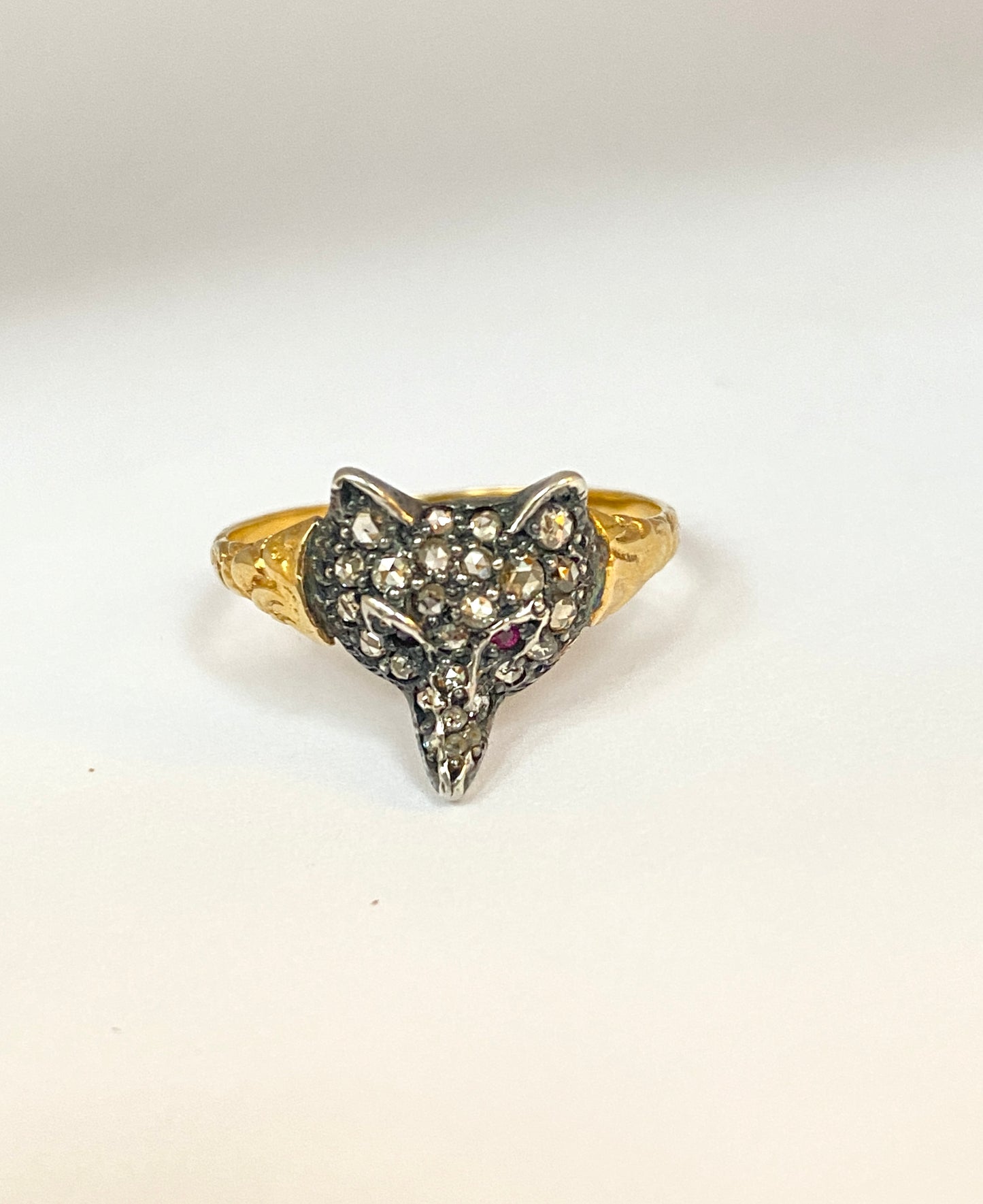 Antique, 15ct Gold and Silver, Rose Cut Diamond and Ruby eyed Fox Head Ring