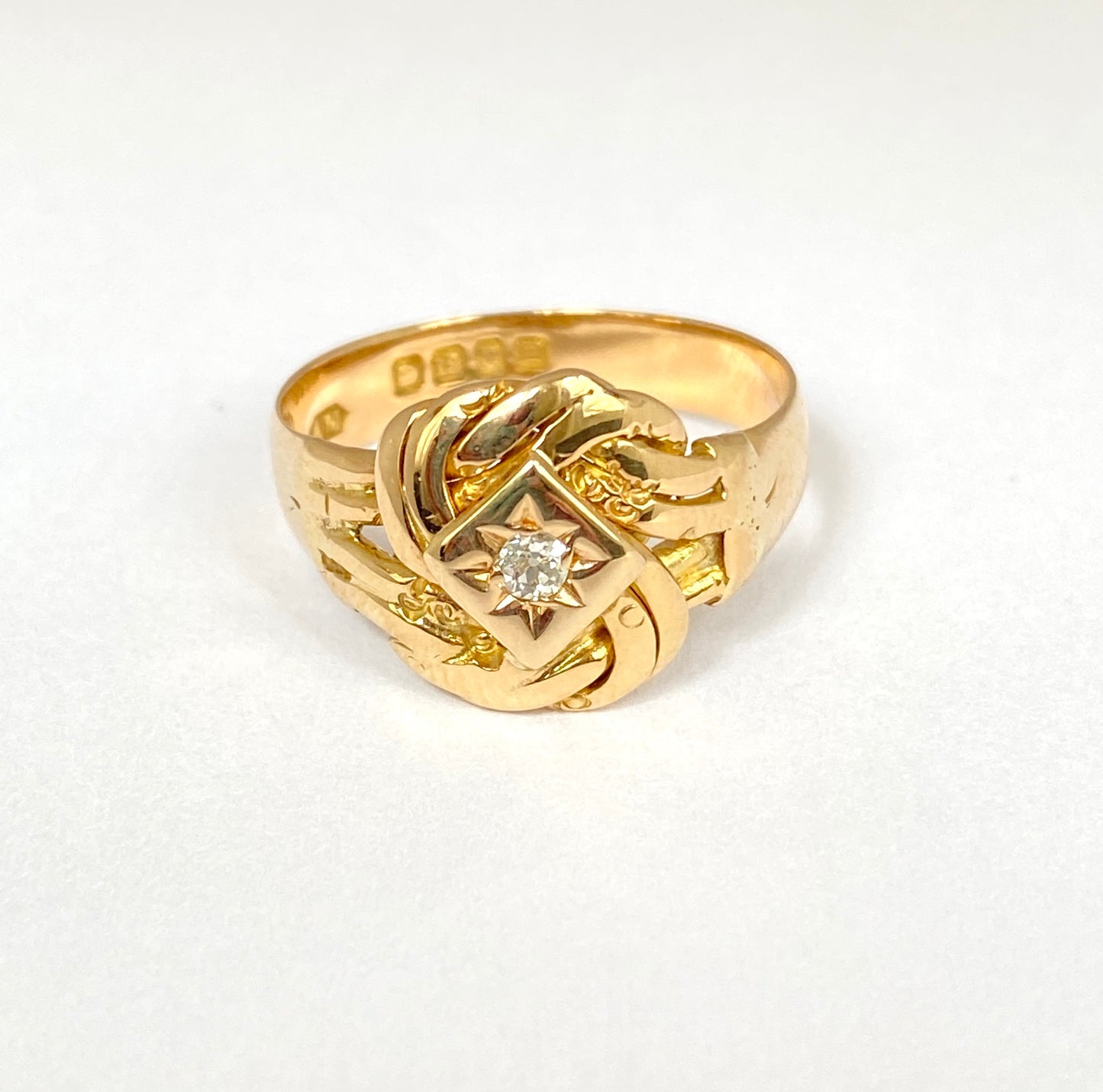 Antique, 18ct Gold Lovers Knot Ring with Diamond, Hallmarked 18ct Gold, London and 1918