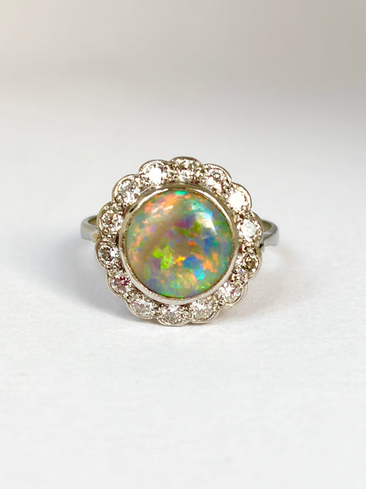Incredible, Vintage, Platinum Opal and Diamond Cluster Ring