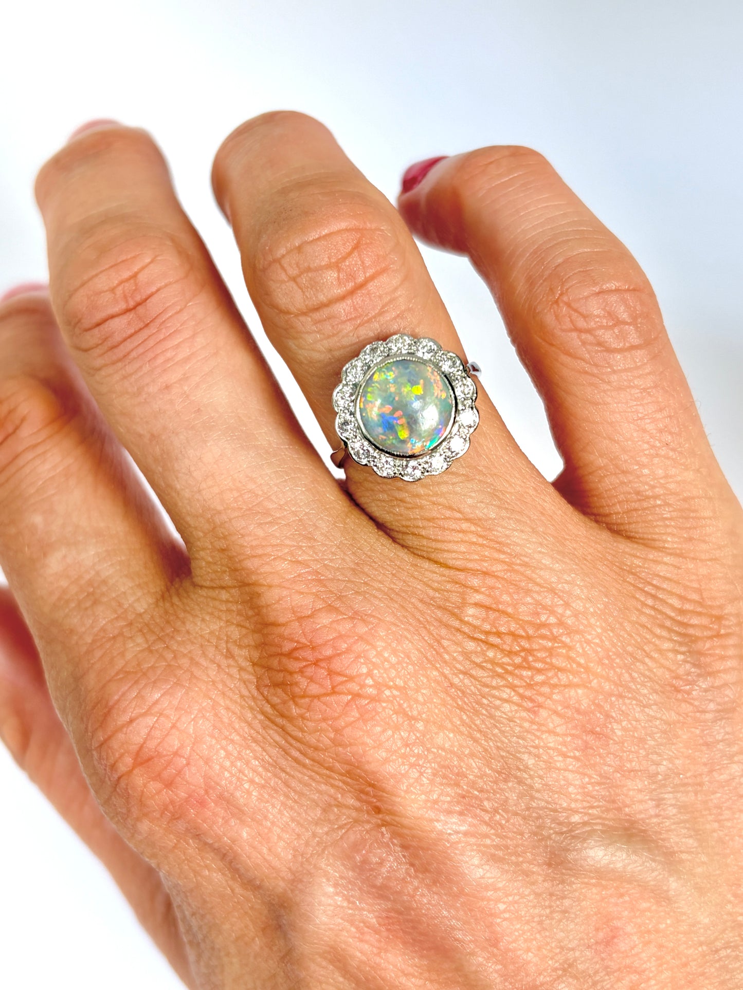 Incredible, Vintage, Platinum Opal and Diamond Cluster Ring