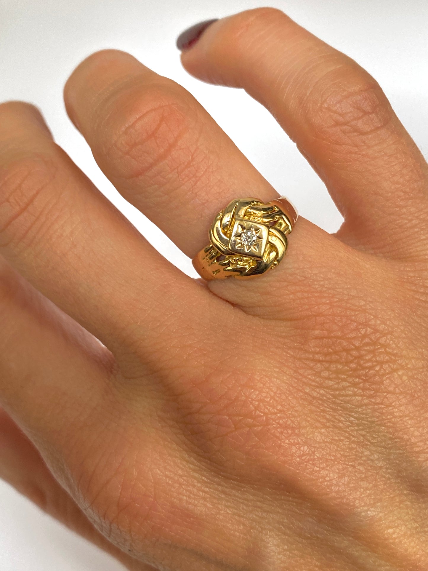 Antique, 18ct Gold Lovers Knot Ring with Diamond, Hallmarked 18ct Gold, London and 1918