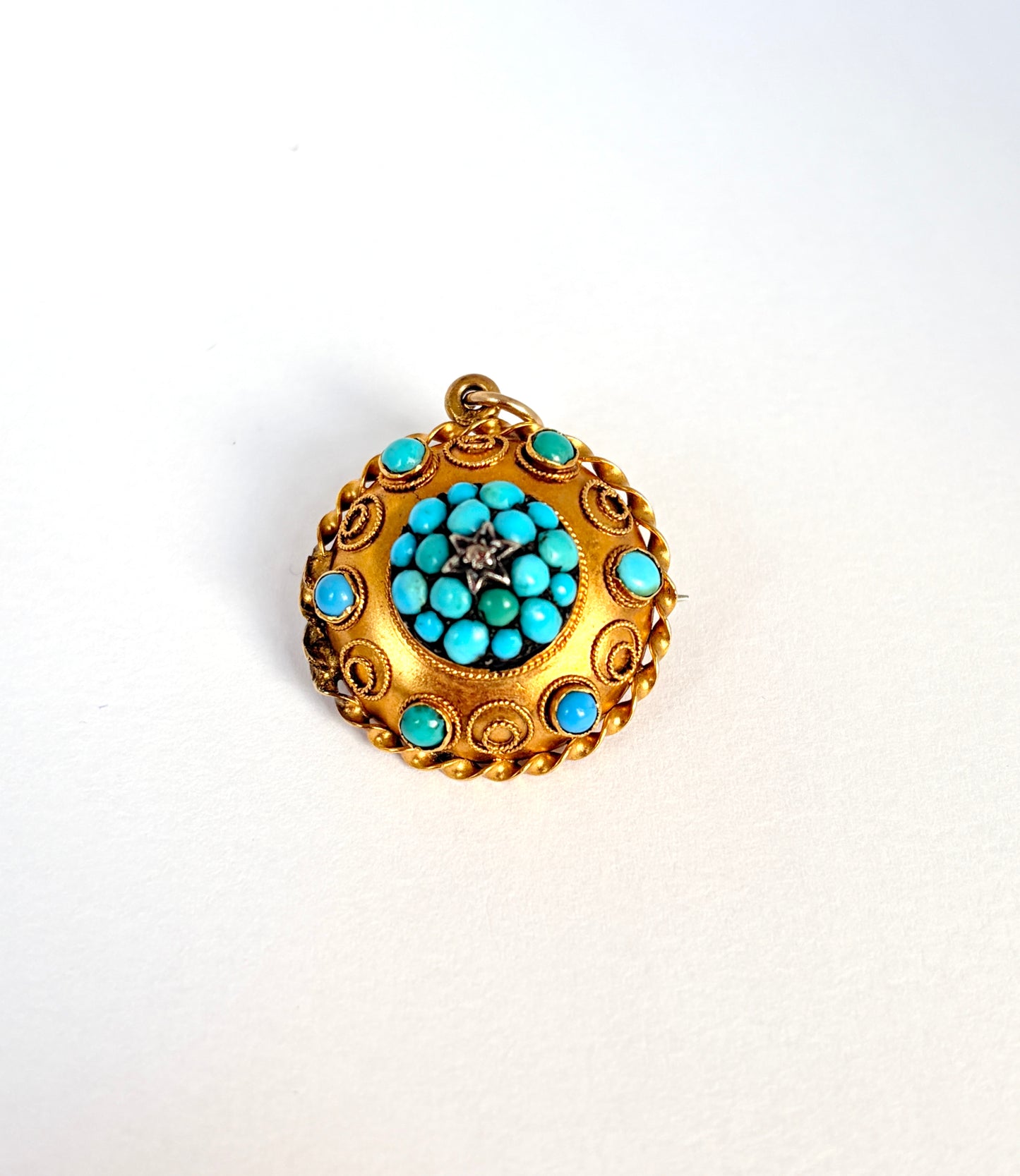 Antique, 15ct Gold, Etruscan Revival Turquoise Pendant / Brooch