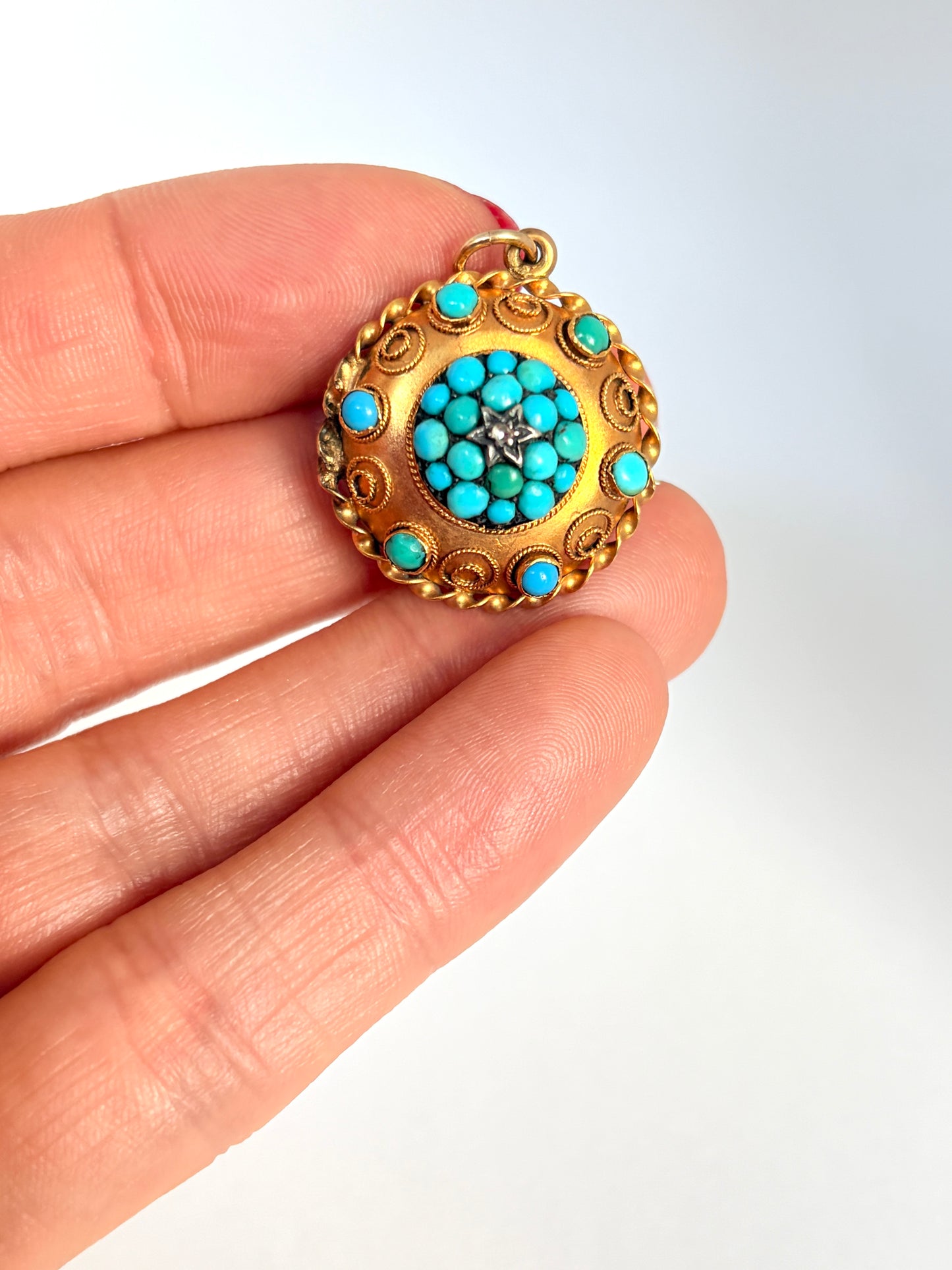 Antique, 15ct Gold, Etruscan Revival Turquoise Pendant / Brooch