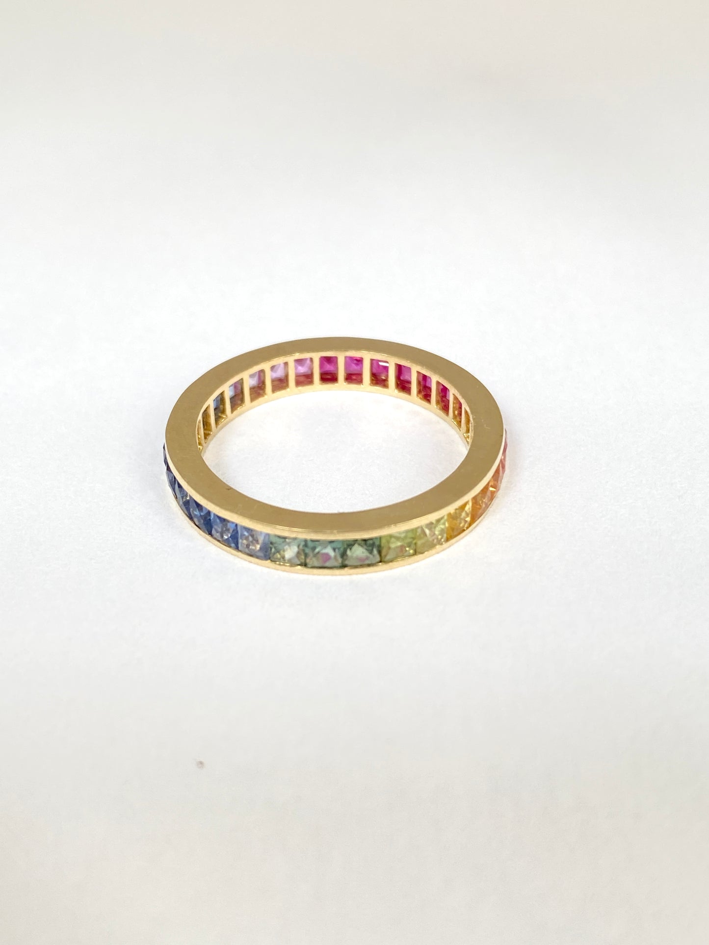 14ct Gold, Rainbow Eternity Ring with French Cut Sapphires