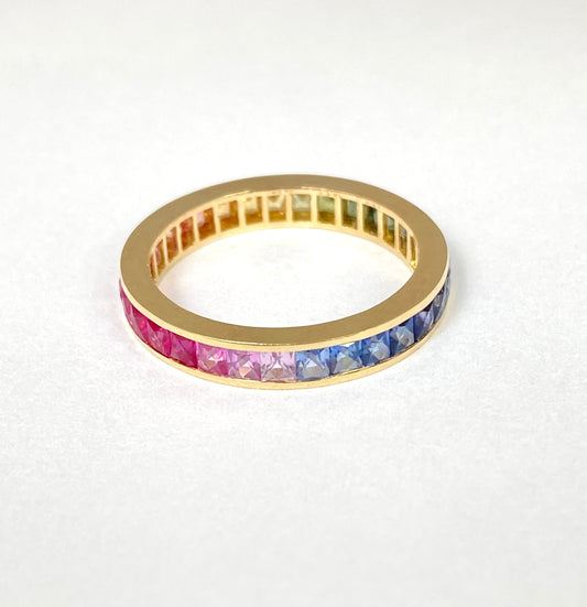 14ct Gold, Rainbow Eternity Ring with French Cut Sapphires