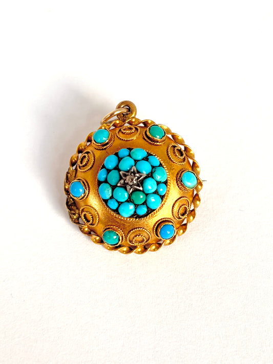 Antique, 15ct Gold, Etruscan Revival Turquoise Pendant / Brooch