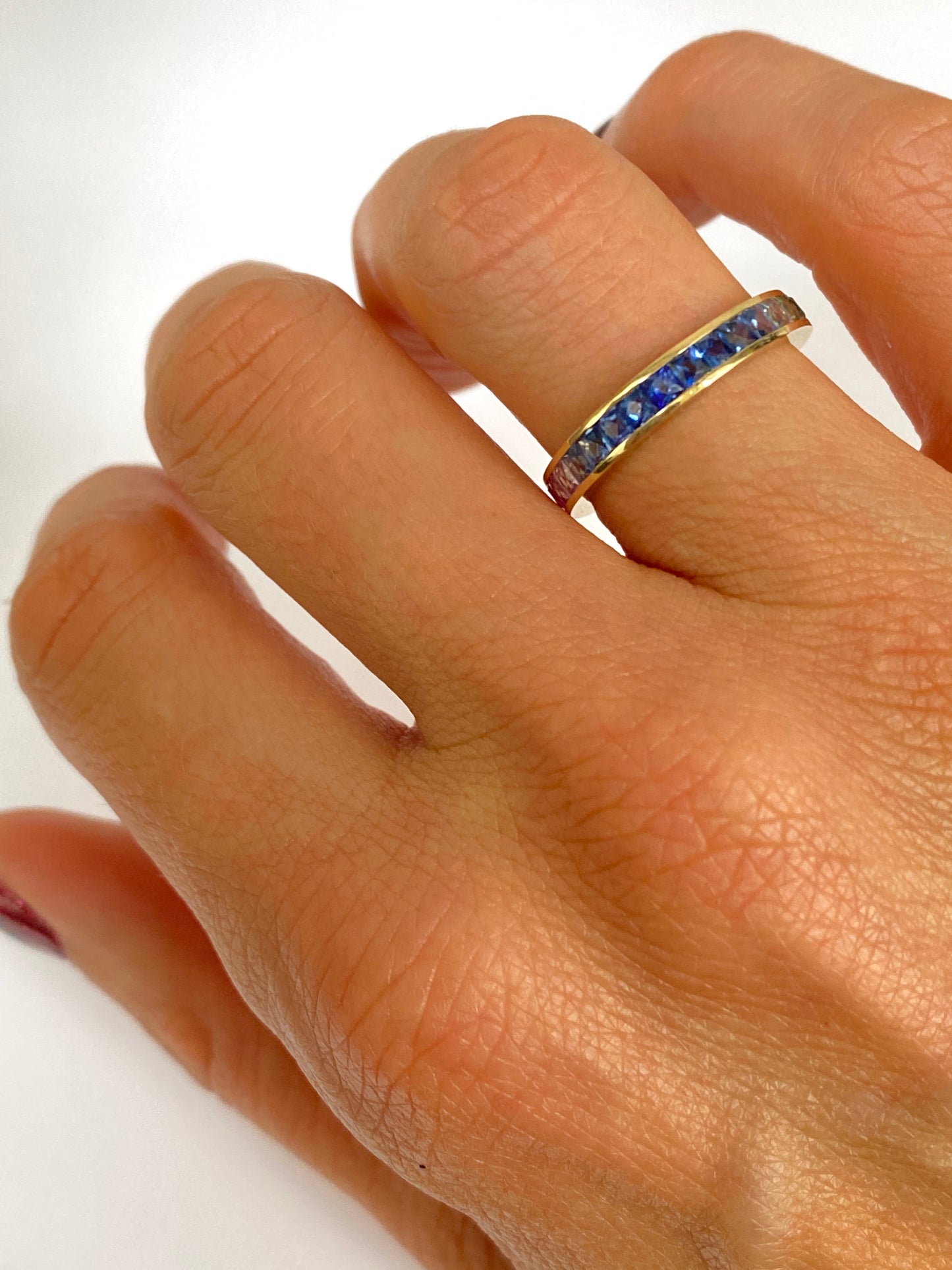 14ct Gold, Rainbow Eternity Ring with French Cut Sapphires