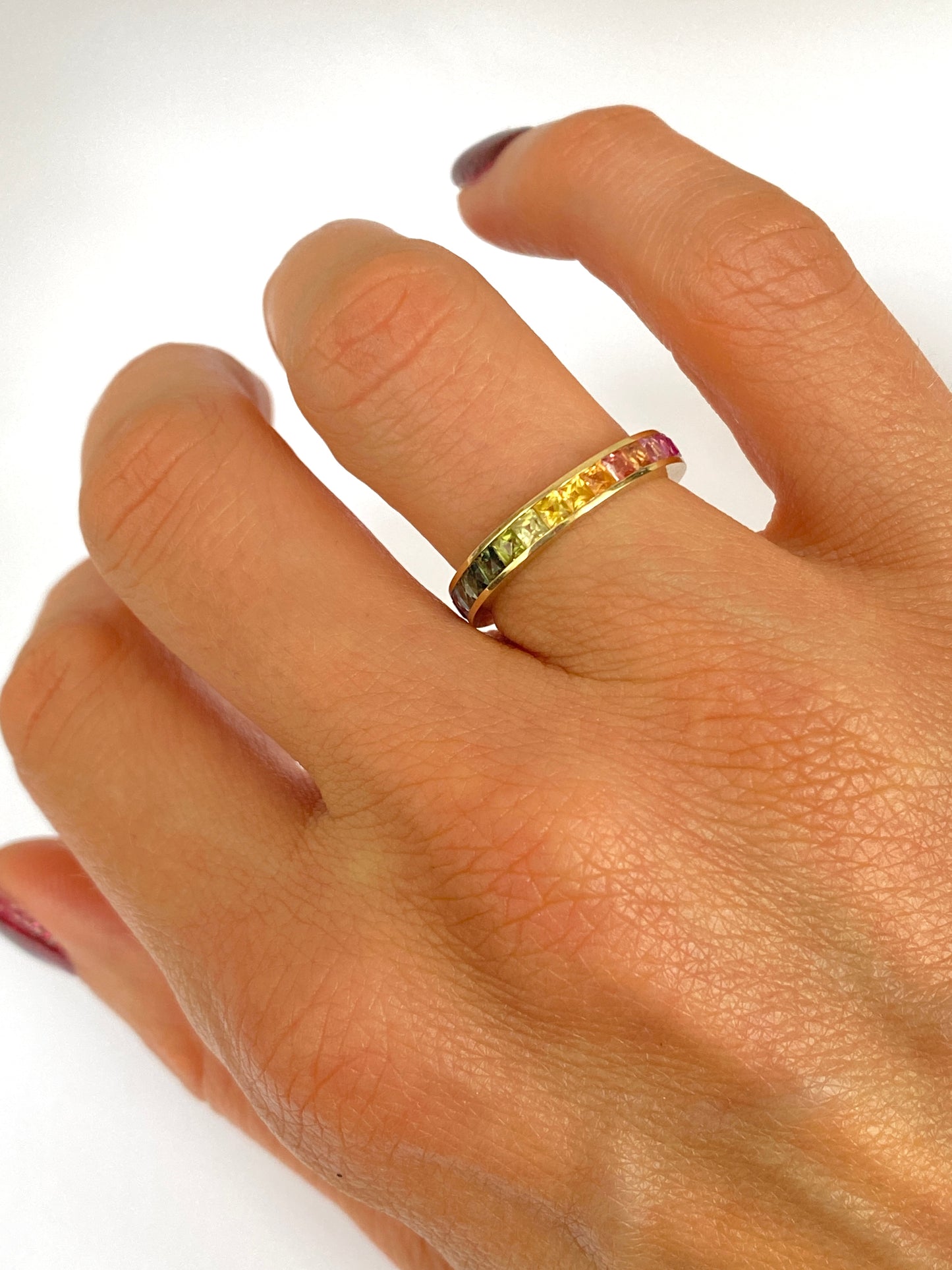 14ct Gold, Rainbow Eternity Ring with French Cut Sapphires