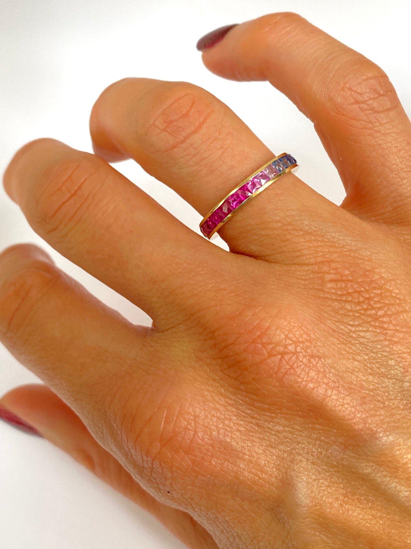 14ct Gold, Rainbow Eternity Ring with French Cut Sapphires