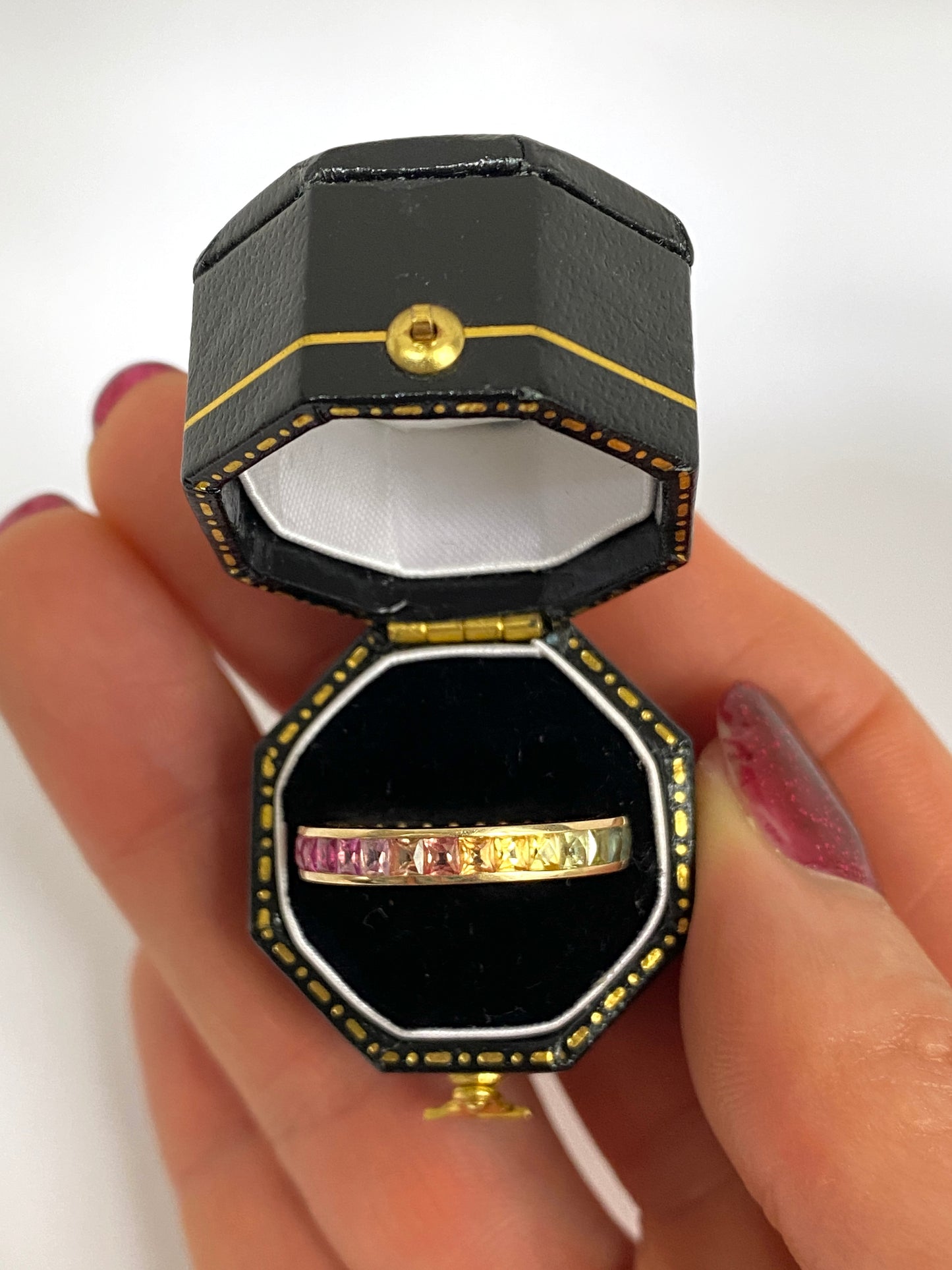 14ct Gold, Rainbow Eternity Ring with French Cut Sapphires