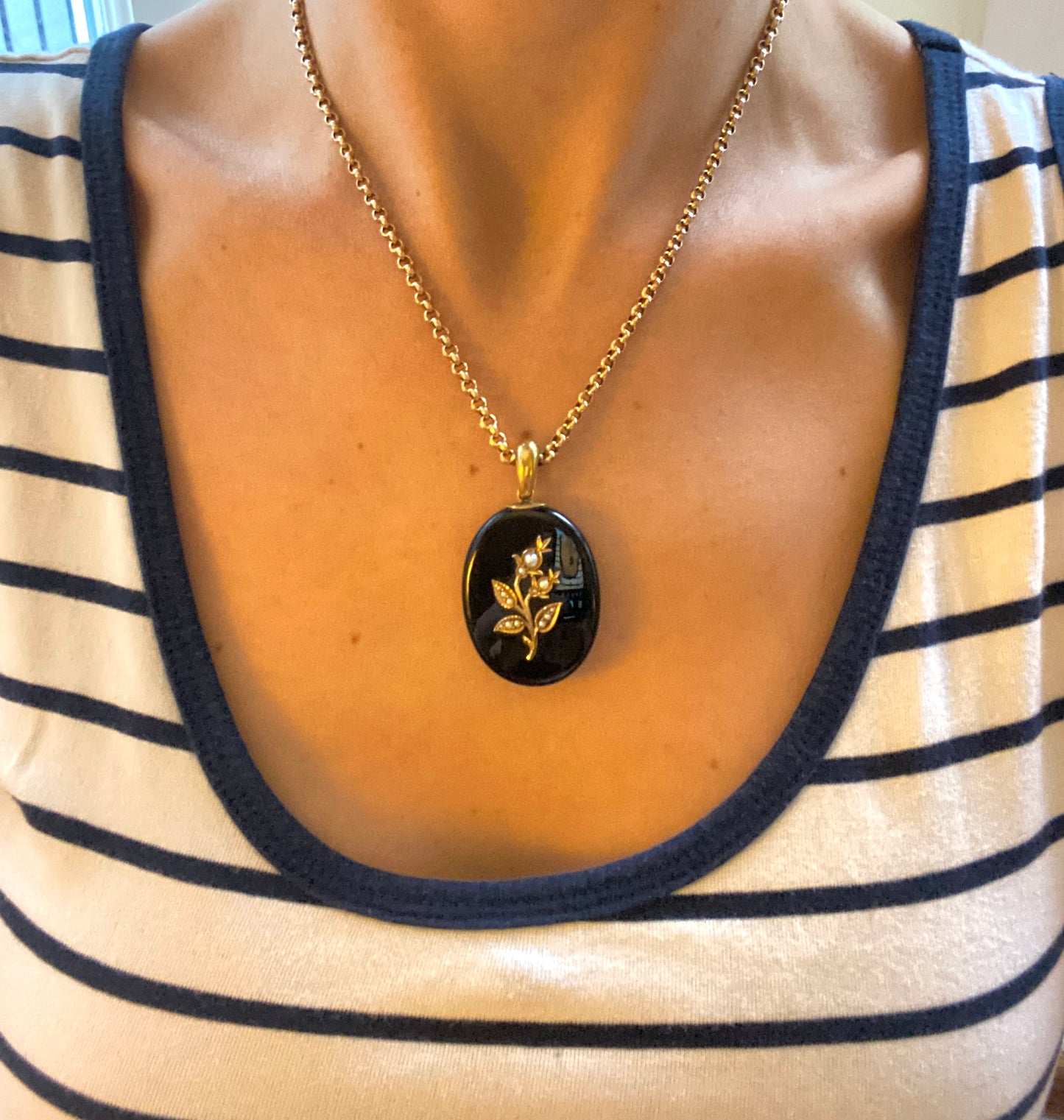 Antique, 9ct Gold Black Onyx Seed Pearl Locket (Lily of the Valley Flower) 12.78g