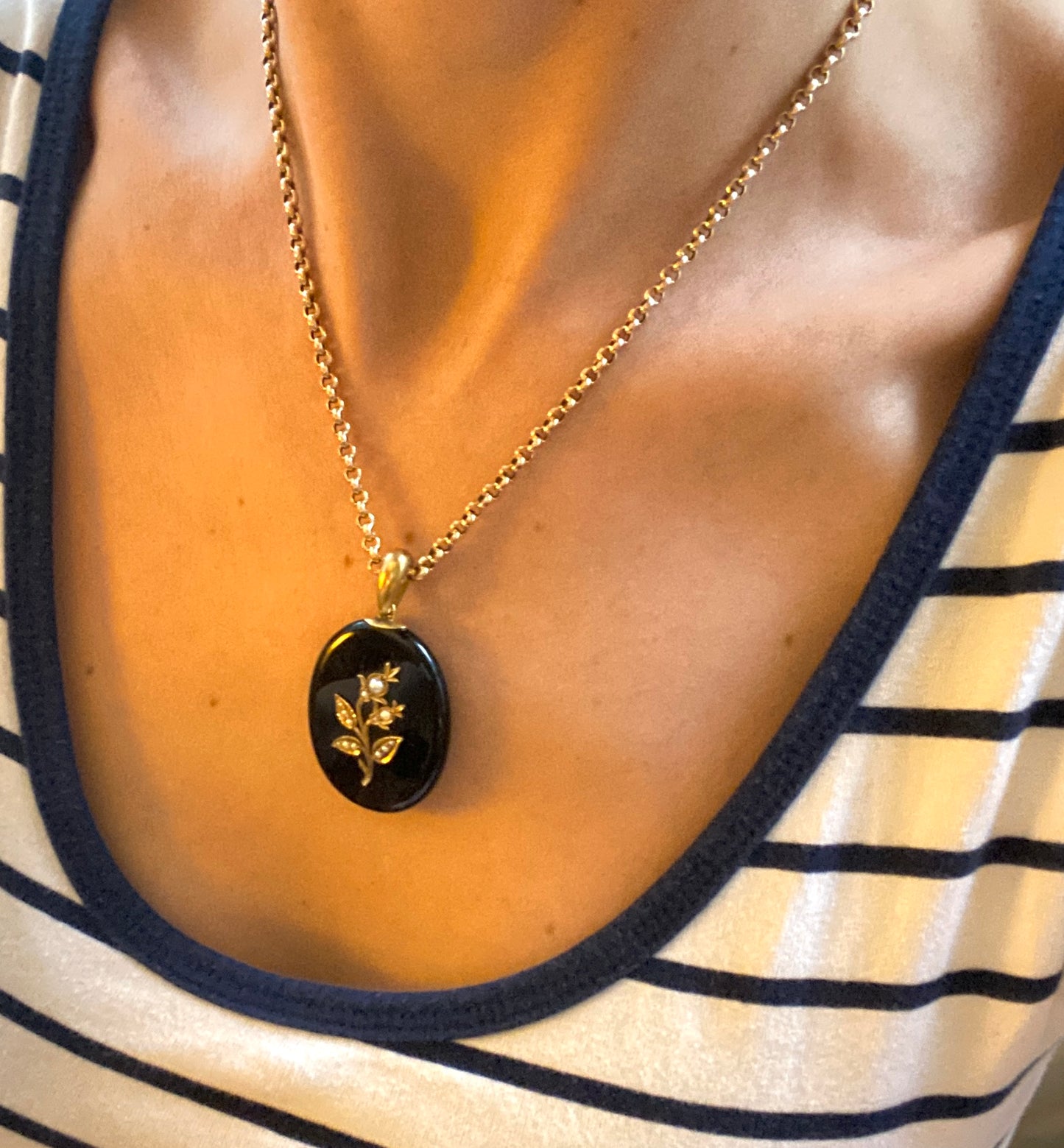 Antique, 9ct Gold Black Onyx Seed Pearl Locket (Lily of the Valley Flower) 12.78g