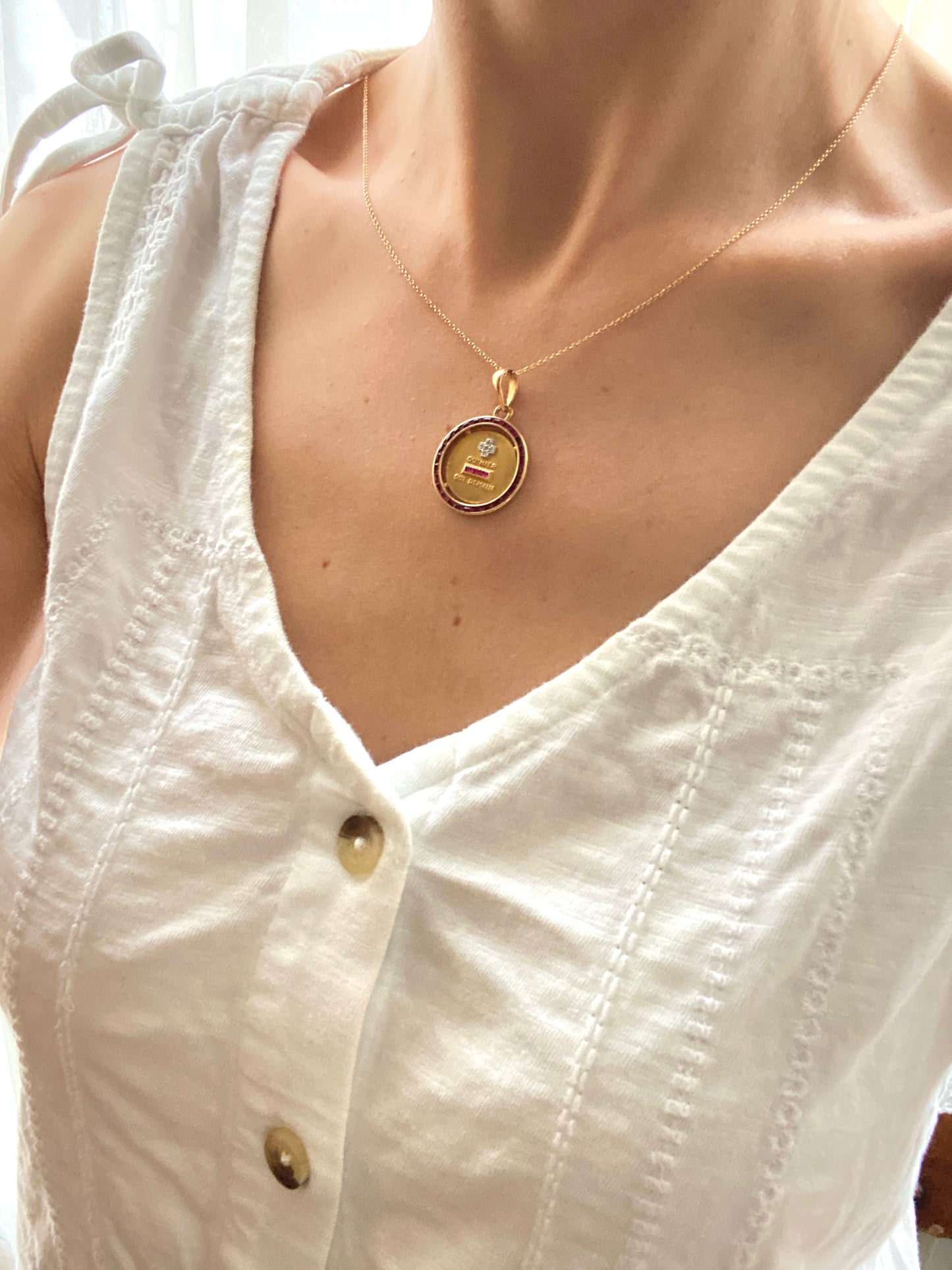 Rare, Ruby Bordered 18ct Gold, Diamond and Ruby French Augis Love Pendant, 'Qu'hier - Que demain'