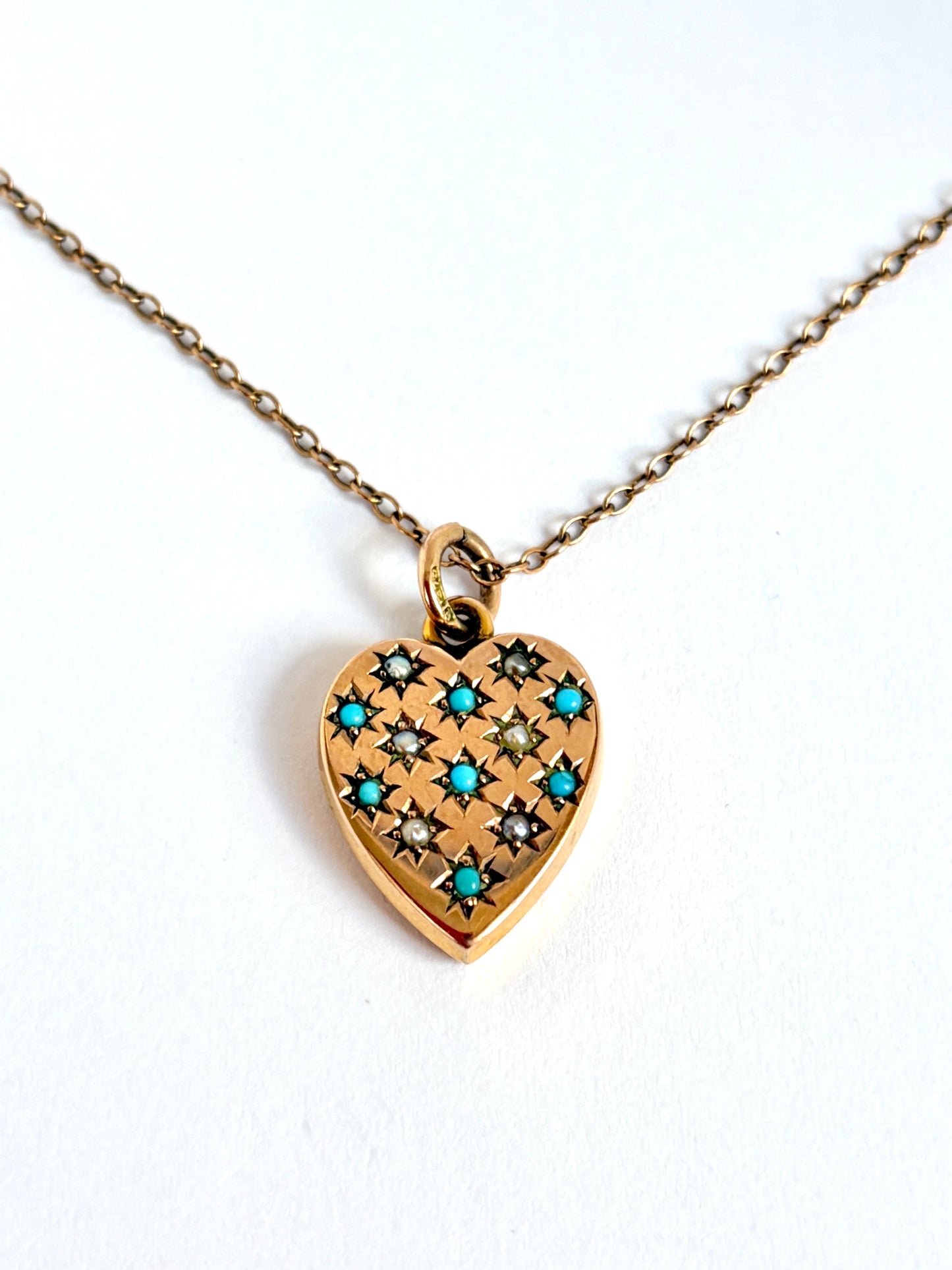 Antique 9ct Gold Turquoise & Seed Pearl Heart Pendant, Chester 1903