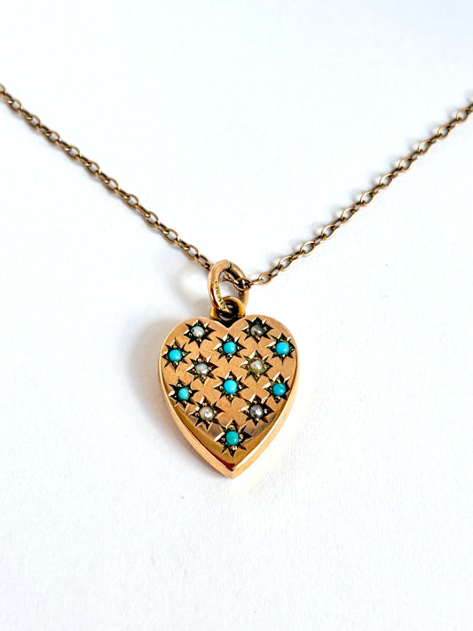 Antique 9ct Gold Turquoise & Seed Pearl Heart Pendant, Chester 1903