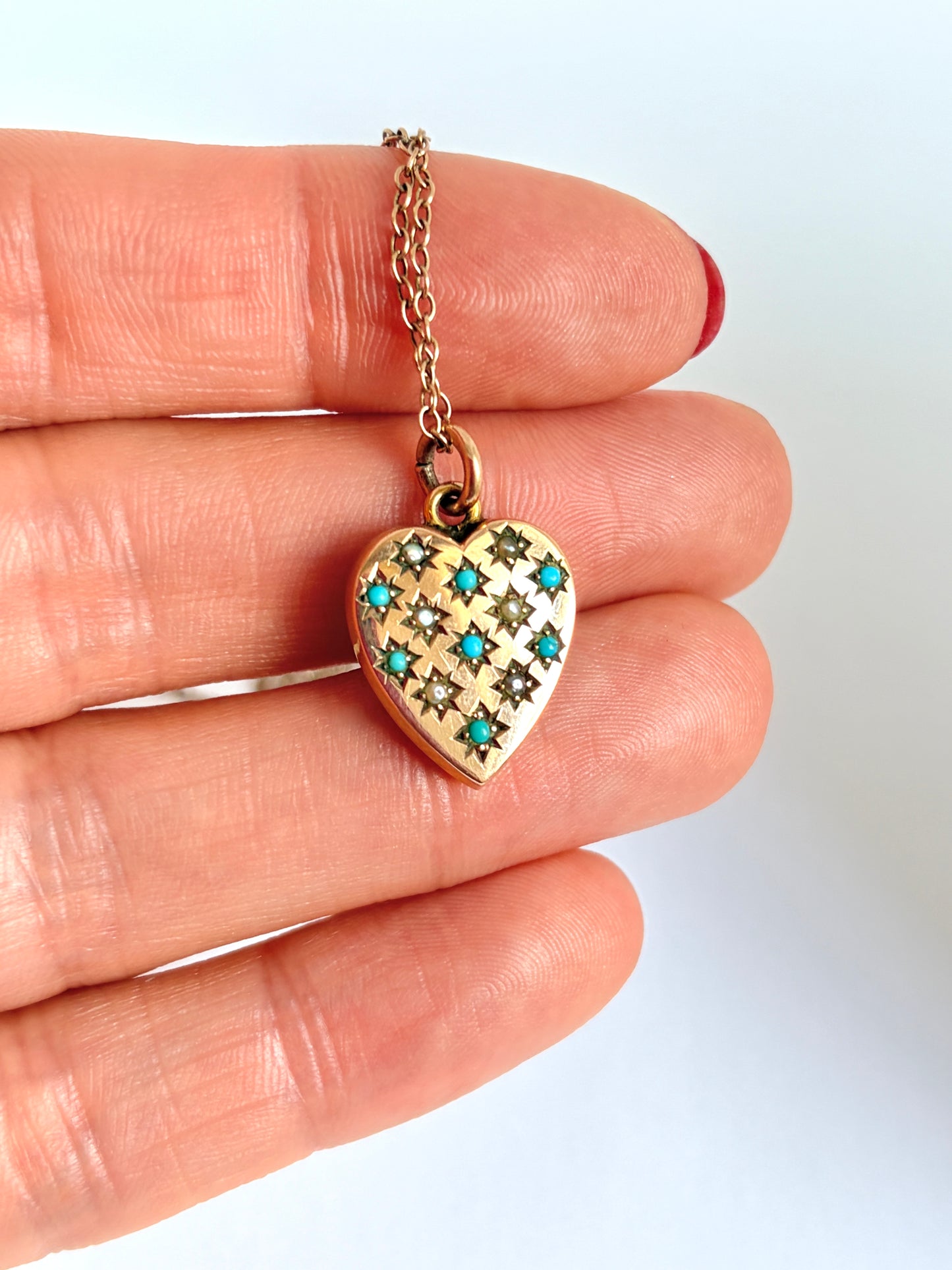 Antique 9ct Gold Turquoise & Seed Pearl Heart Pendant, Chester 1903