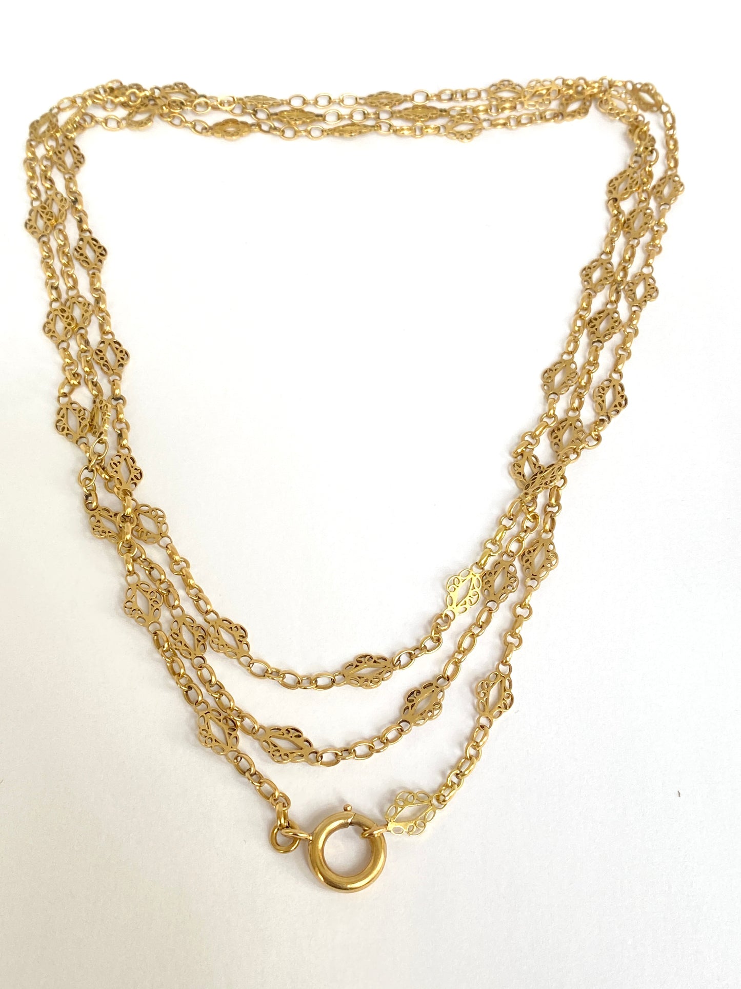 18ct Gold Belle Epoque, Fancy Link  Long Guard Chain,  49 inches, 24.33g