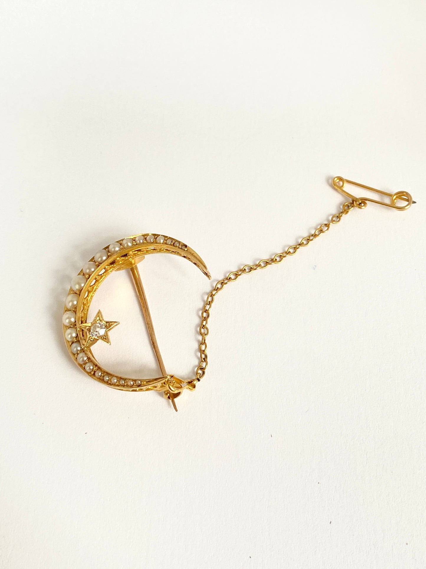 Antique, 15ct Gold Pearl and Diamond Crescent Moon and Star Brooch