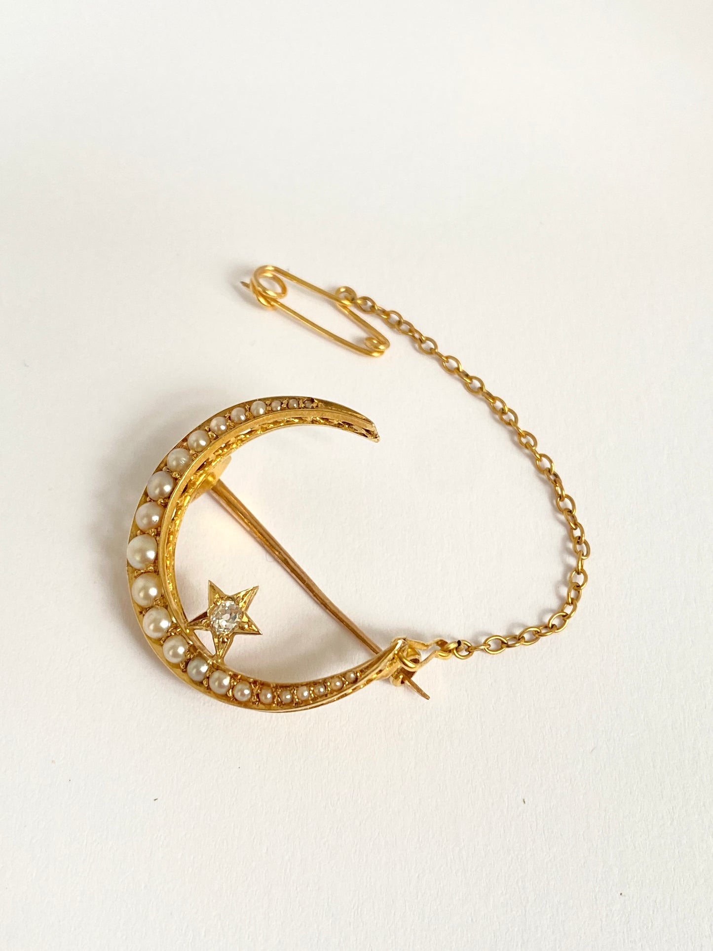 Antique, 15ct Gold Pearl and Diamond Crescent Moon and Star Brooch