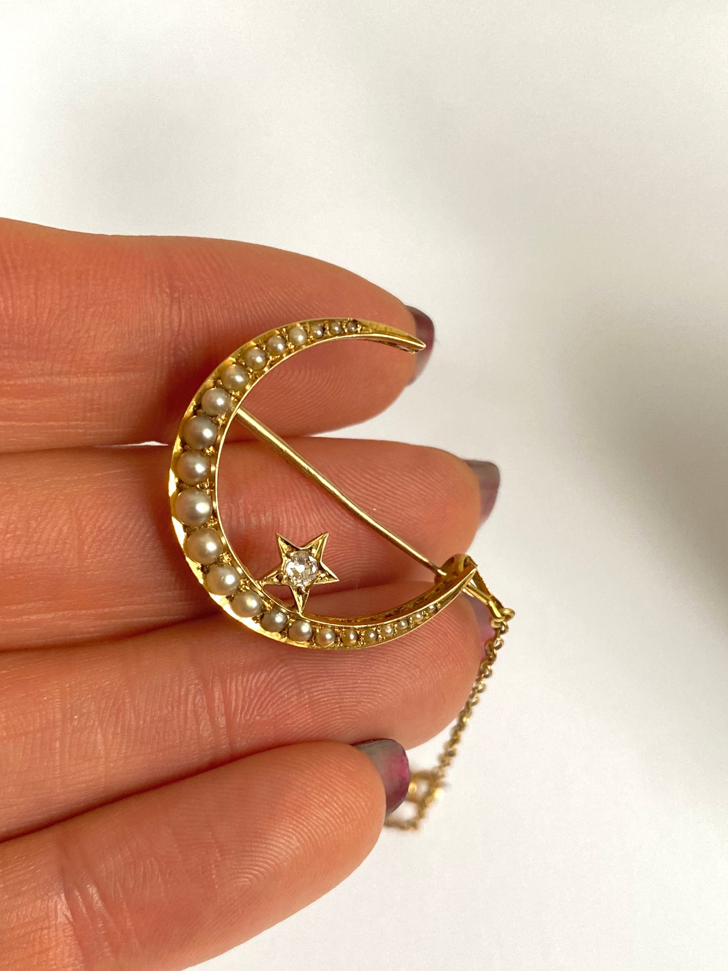 Antique, 15ct Gold Pearl and Diamond Crescent Moon and Star Brooch