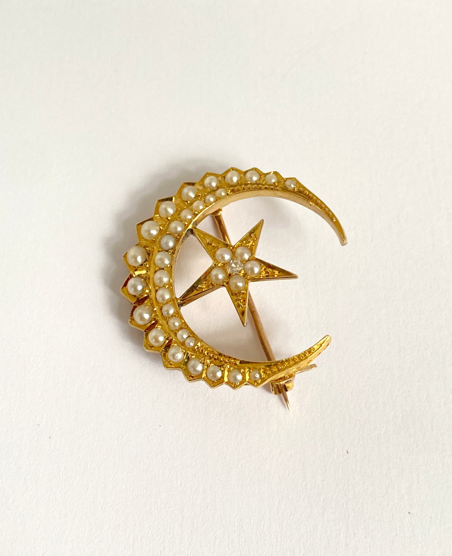Victorian, 18ct Gold Pearl and Diamond Crescent Moon and Star Brooch