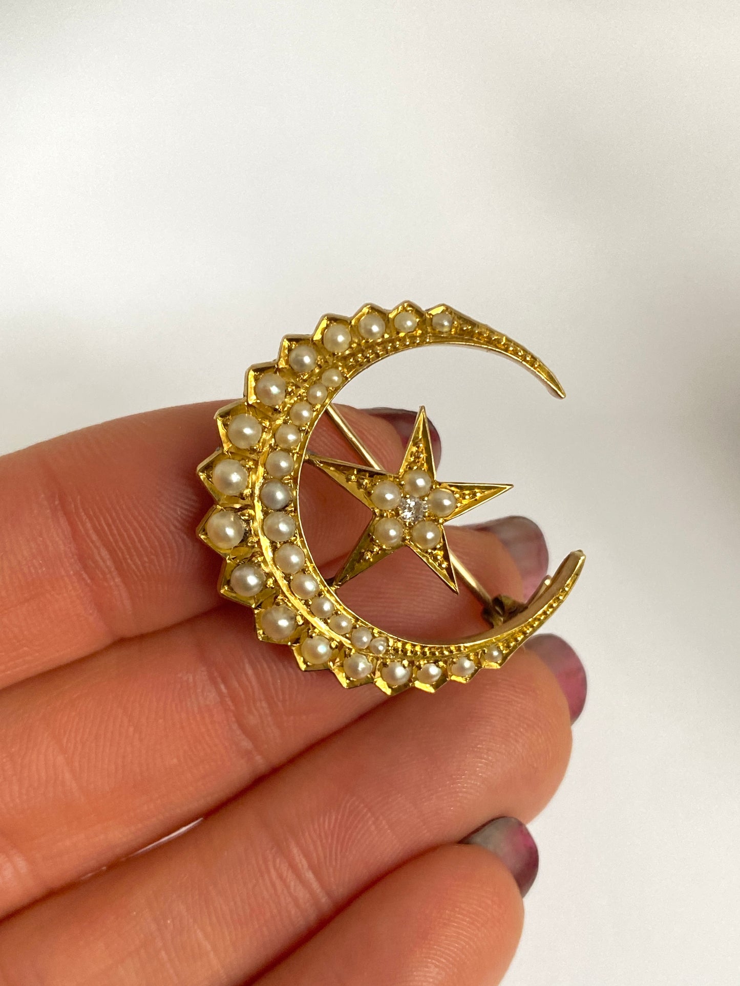 Victorian, 18ct Gold Pearl and Diamond Crescent Moon and Star Brooch
