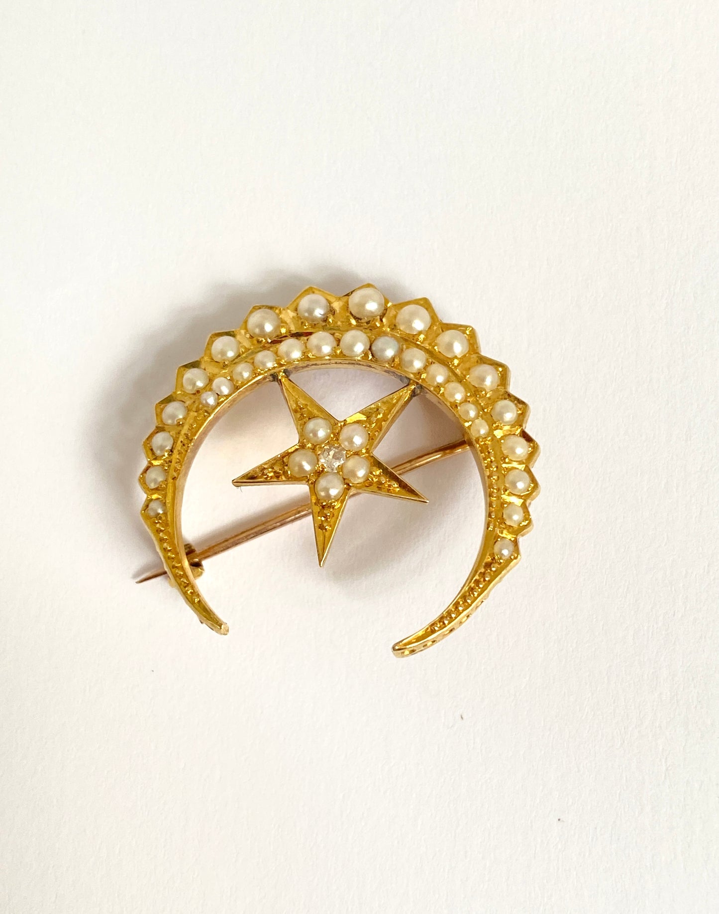 Victorian, 18ct Gold Pearl and Diamond Crescent Moon and Star Brooch