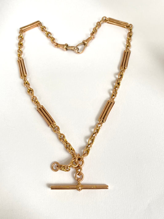 15 inch, 9ct Gold Antique Fancy Fetter Knot Link Watch Chain with T bar,  Dog Clips (16.25g)