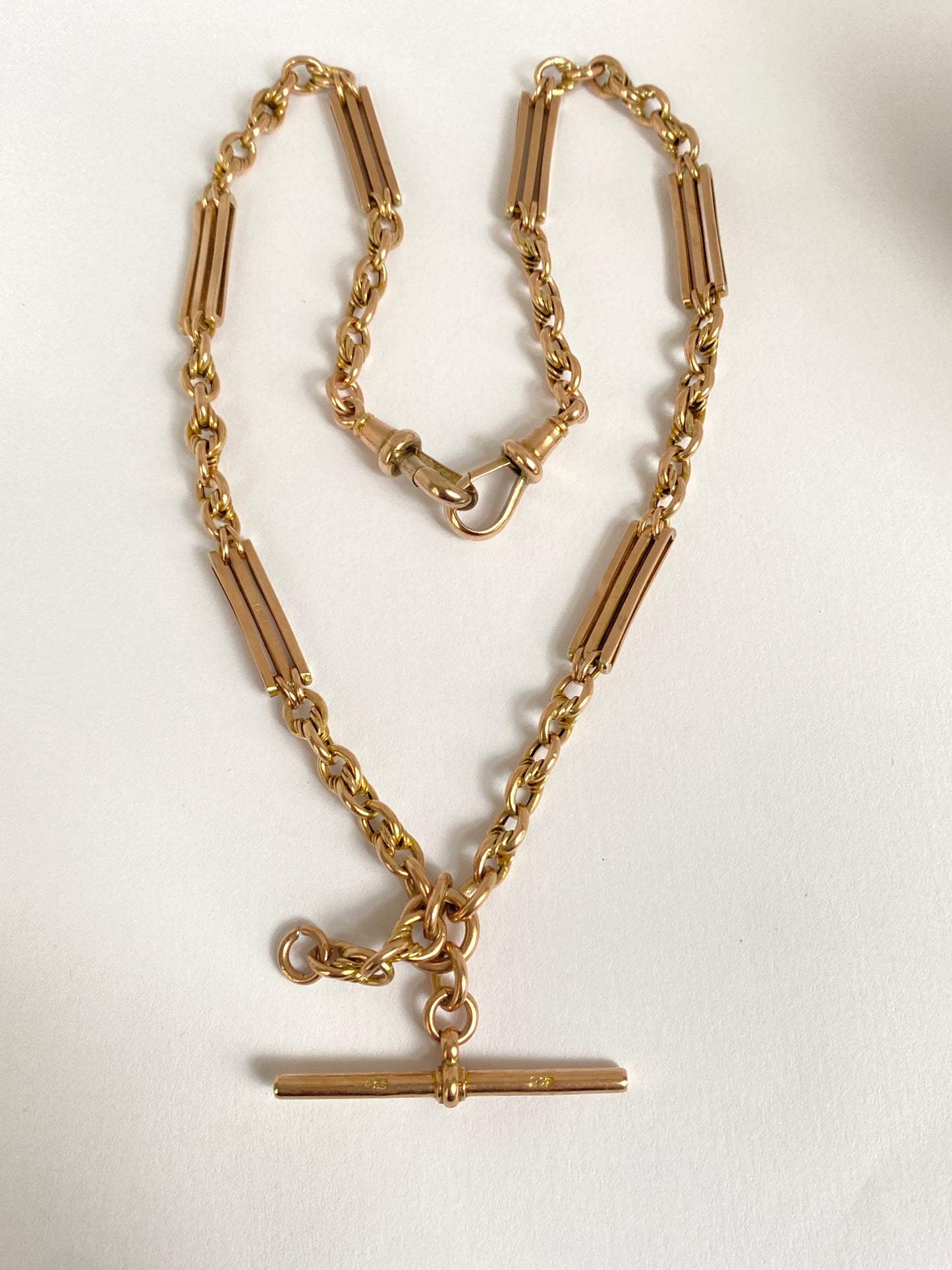 15 inch, 9ct Gold Antique Fancy Fetter Knot Link Watch Chain with T bar,  Dog Clips (16.25g)