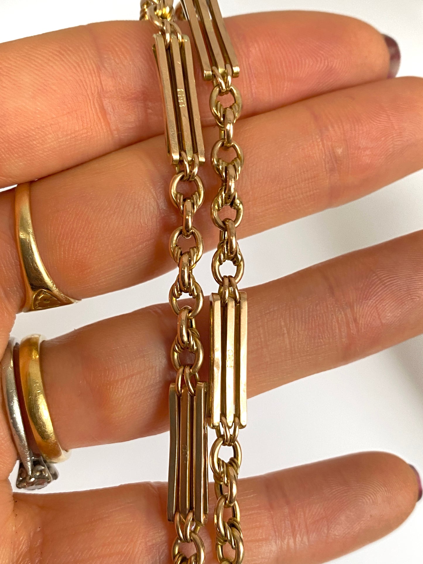 15 inch, 9ct Gold Antique Fancy Fetter Knot Link Watch Chain with T bar,  Dog Clips (16.25g)