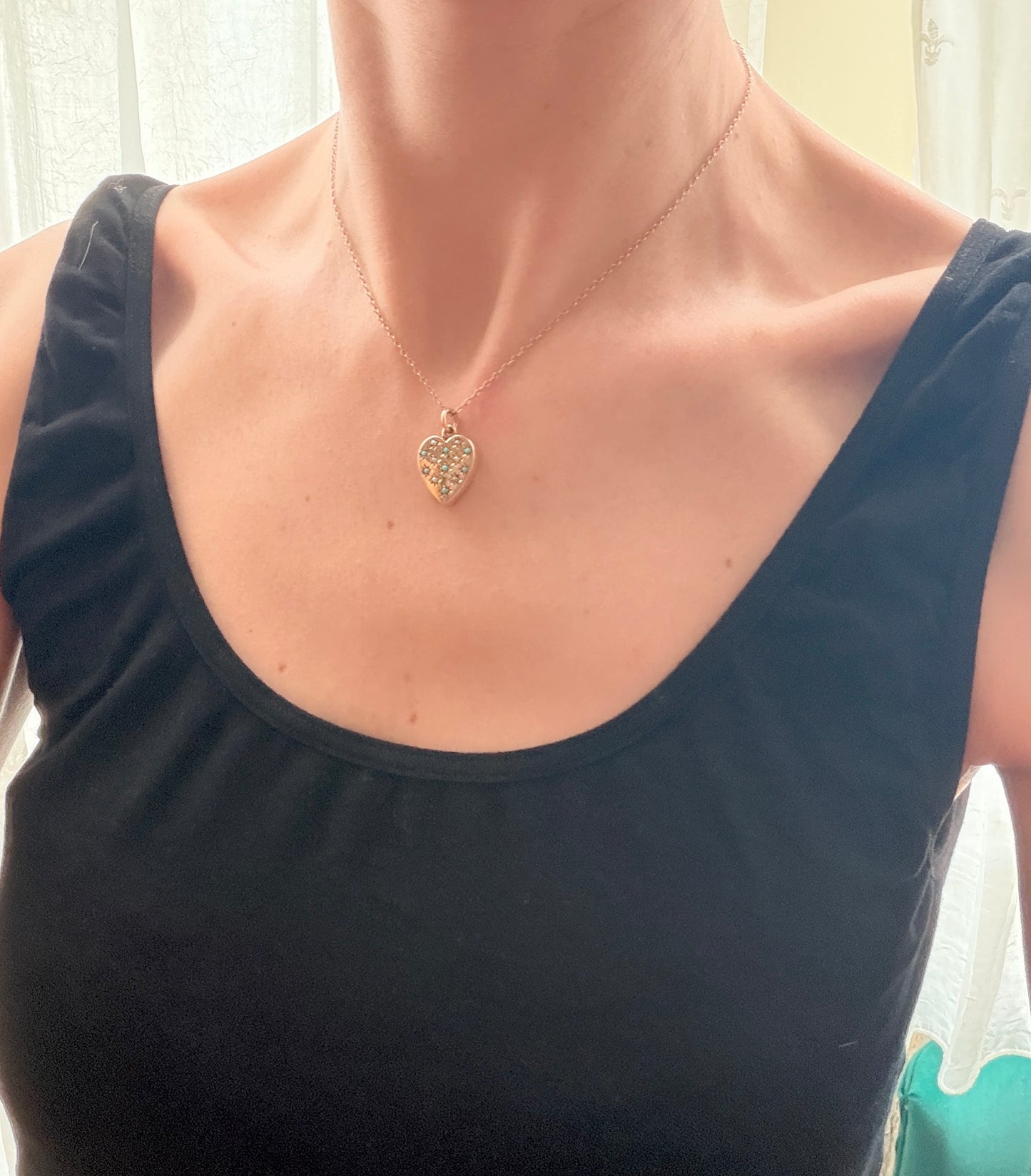 Antique 9ct Gold Turquoise & Seed Pearl Heart Pendant, Chester 1903