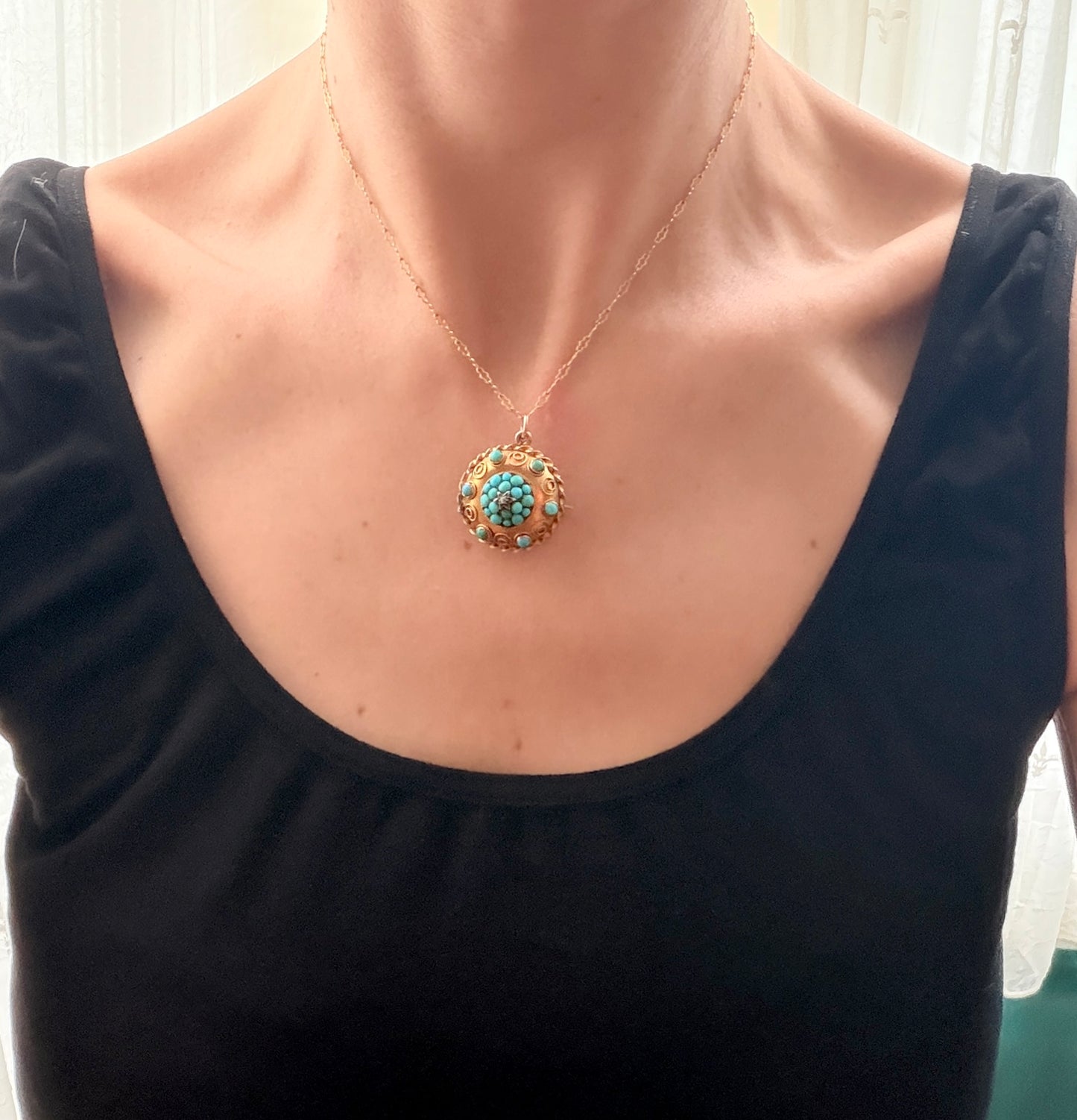 Antique, 15ct Gold, Etruscan Revival Turquoise Pendant / Brooch