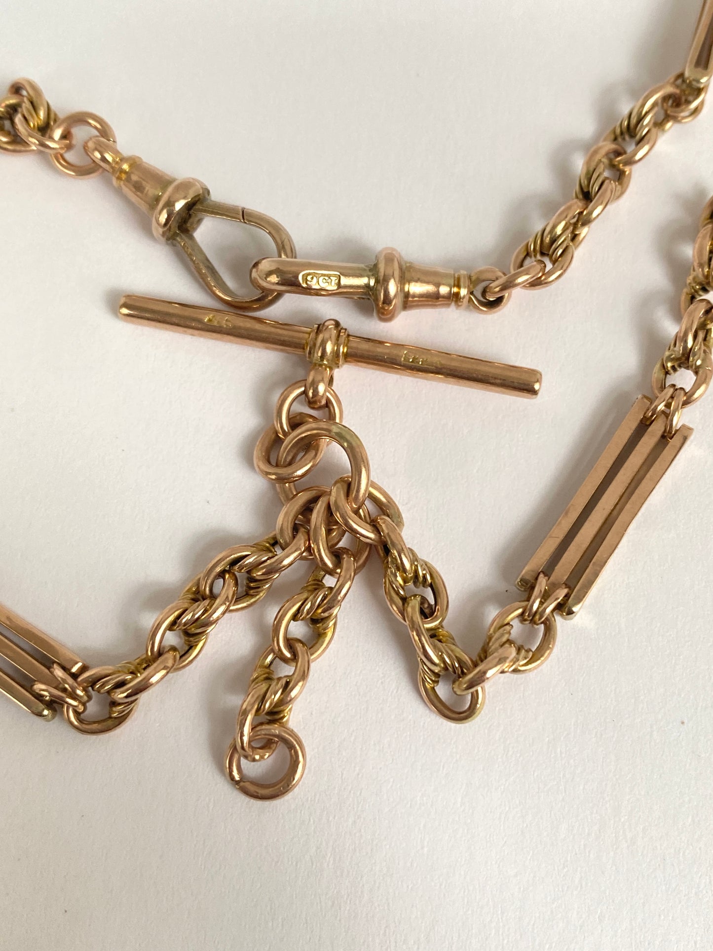 15 inch, 9ct Gold Antique Fancy Fetter Knot Link Watch Chain with T bar,  Dog Clips (16.25g)