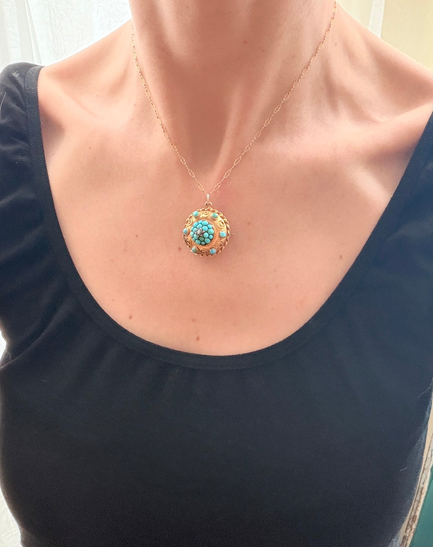 Antique, 15ct Gold, Etruscan Revival Turquoise Pendant / Brooch