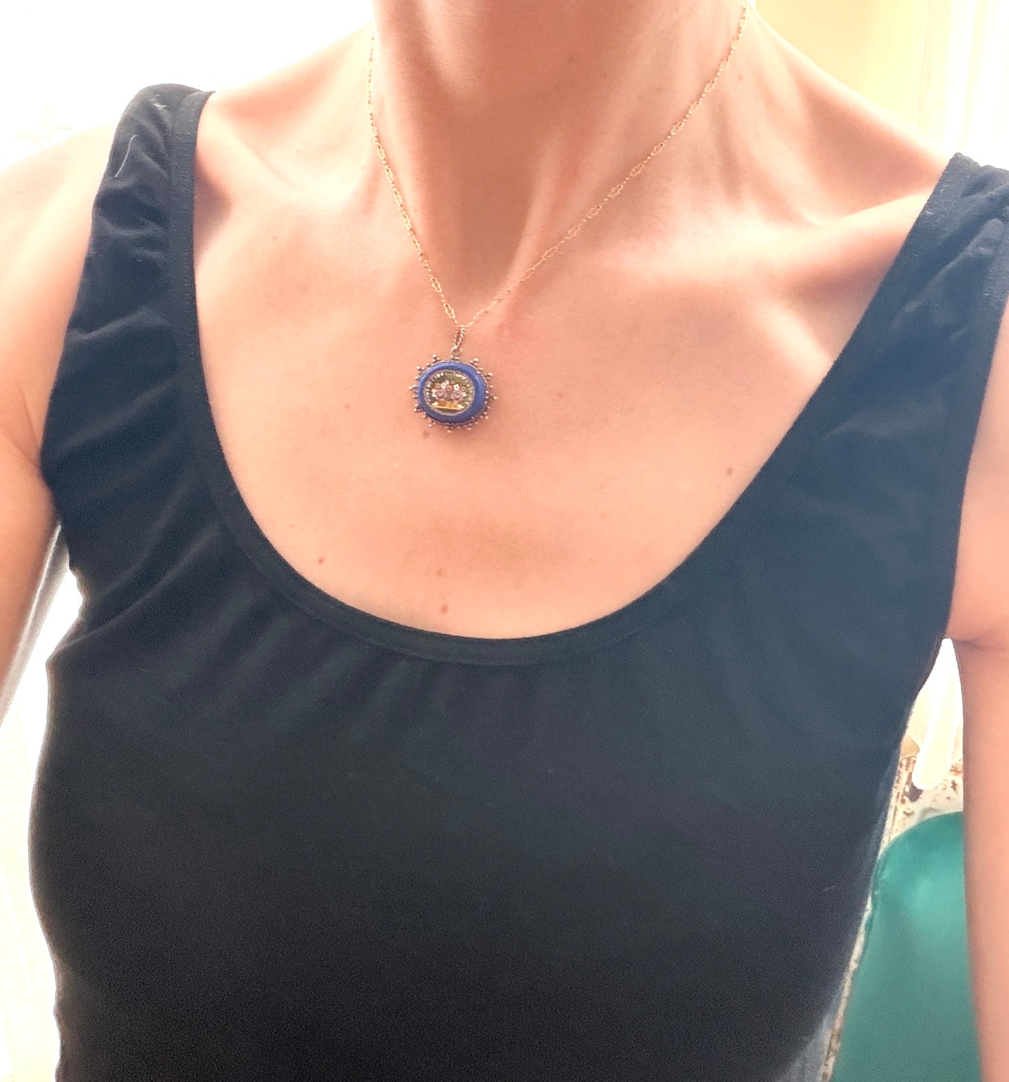 Victorian, 15ct Gold, Micro Mosaic Locket back Pendant with 9ct Gold Chain